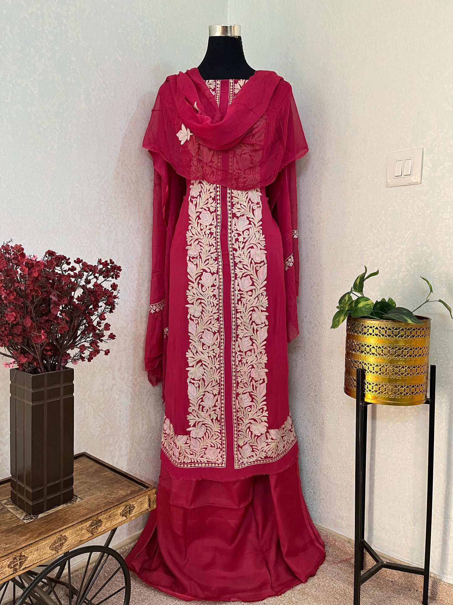 Hot Pink Pure Georgette Achkan Kashmiri Suit