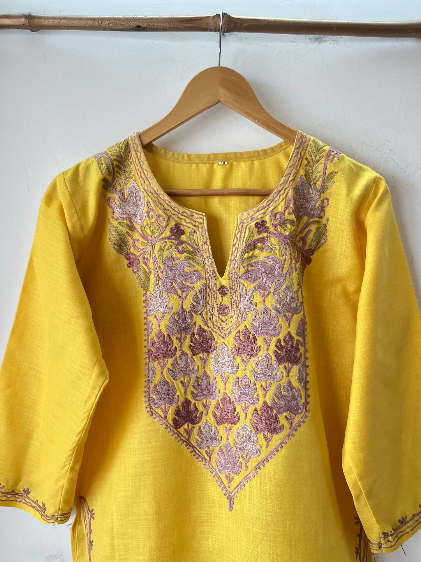 Yellow Cotton Aari Work Kurta