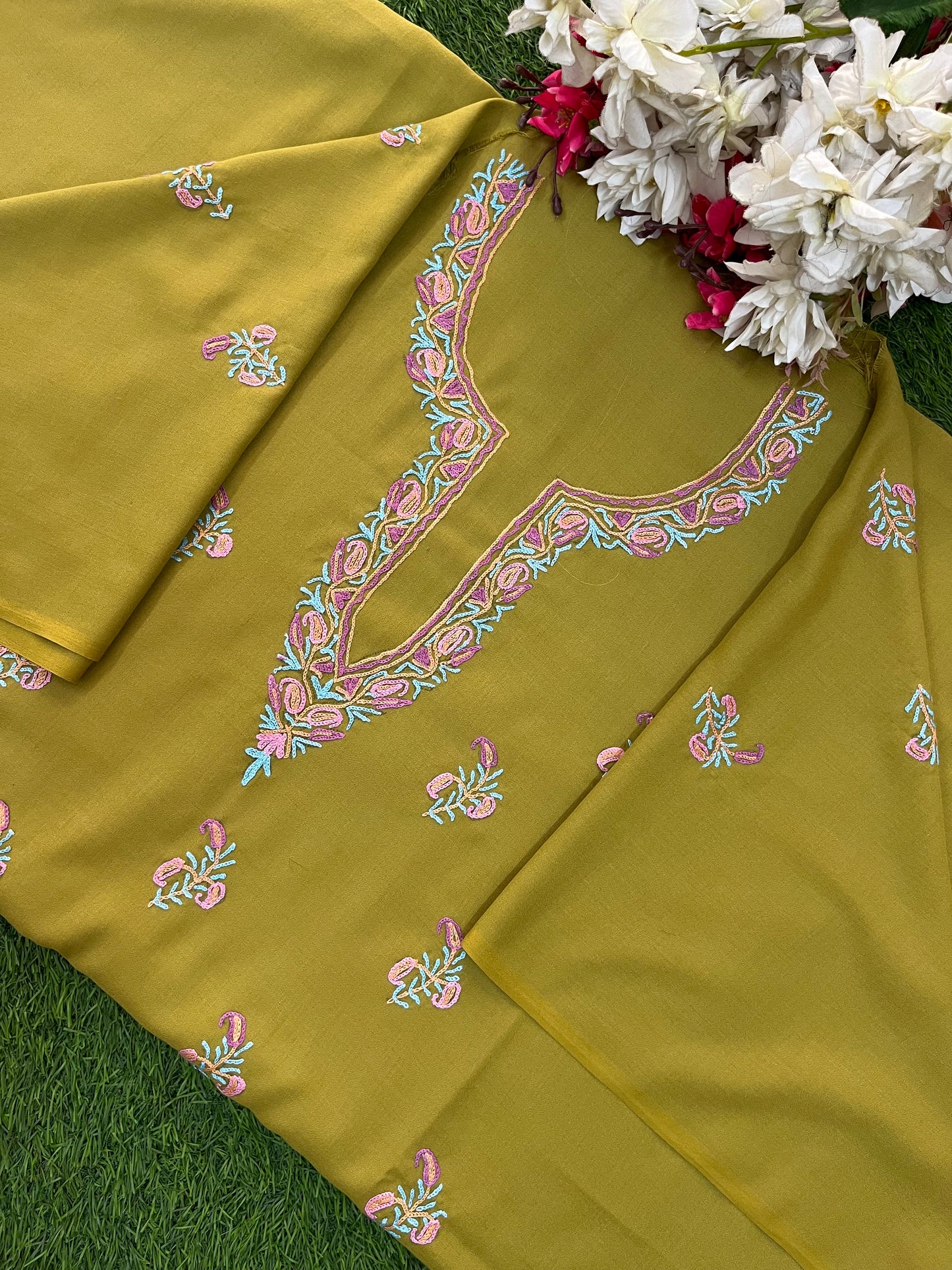 Lime Green Cotton Two Piece Suit (Hand Embroidered)