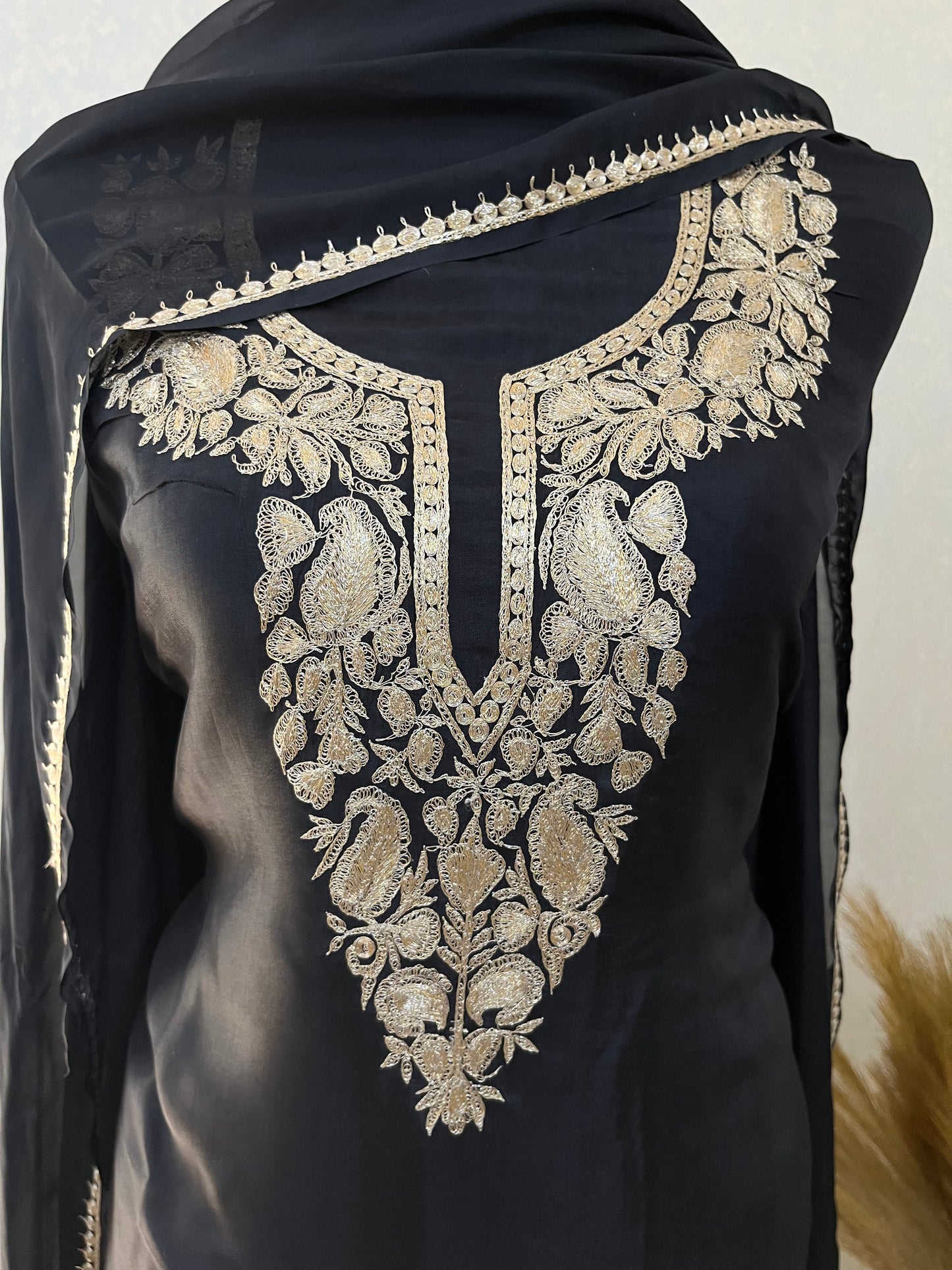 Black Silk Puff Tilla Embroidered Kashmiri Suit