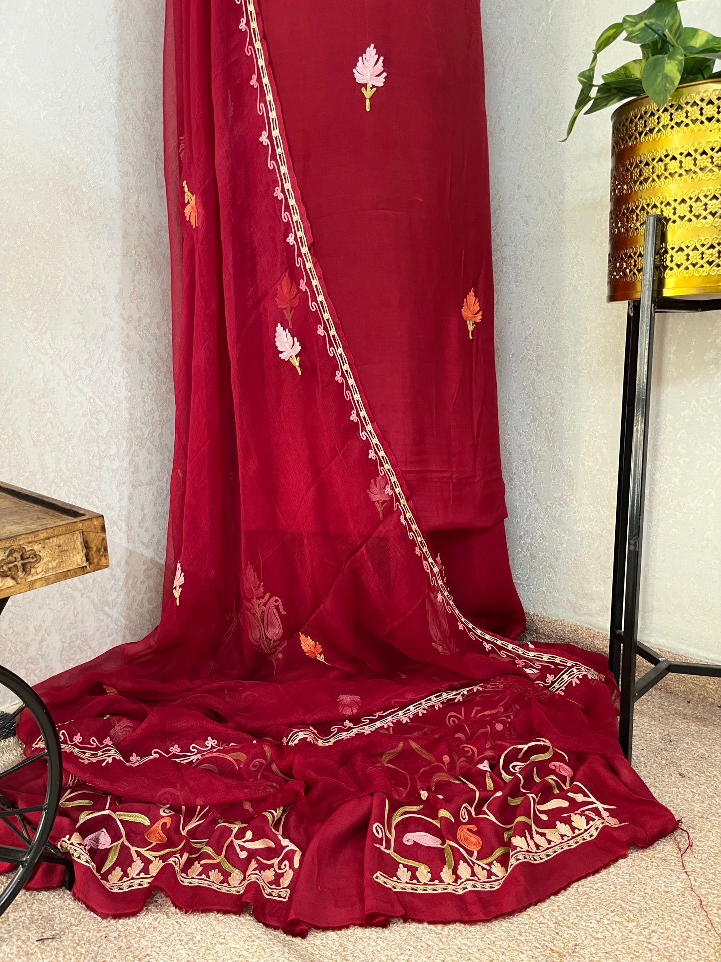 Maroon Muslin Cotton Jaal Sleeves Kashmiri 3pc Suit