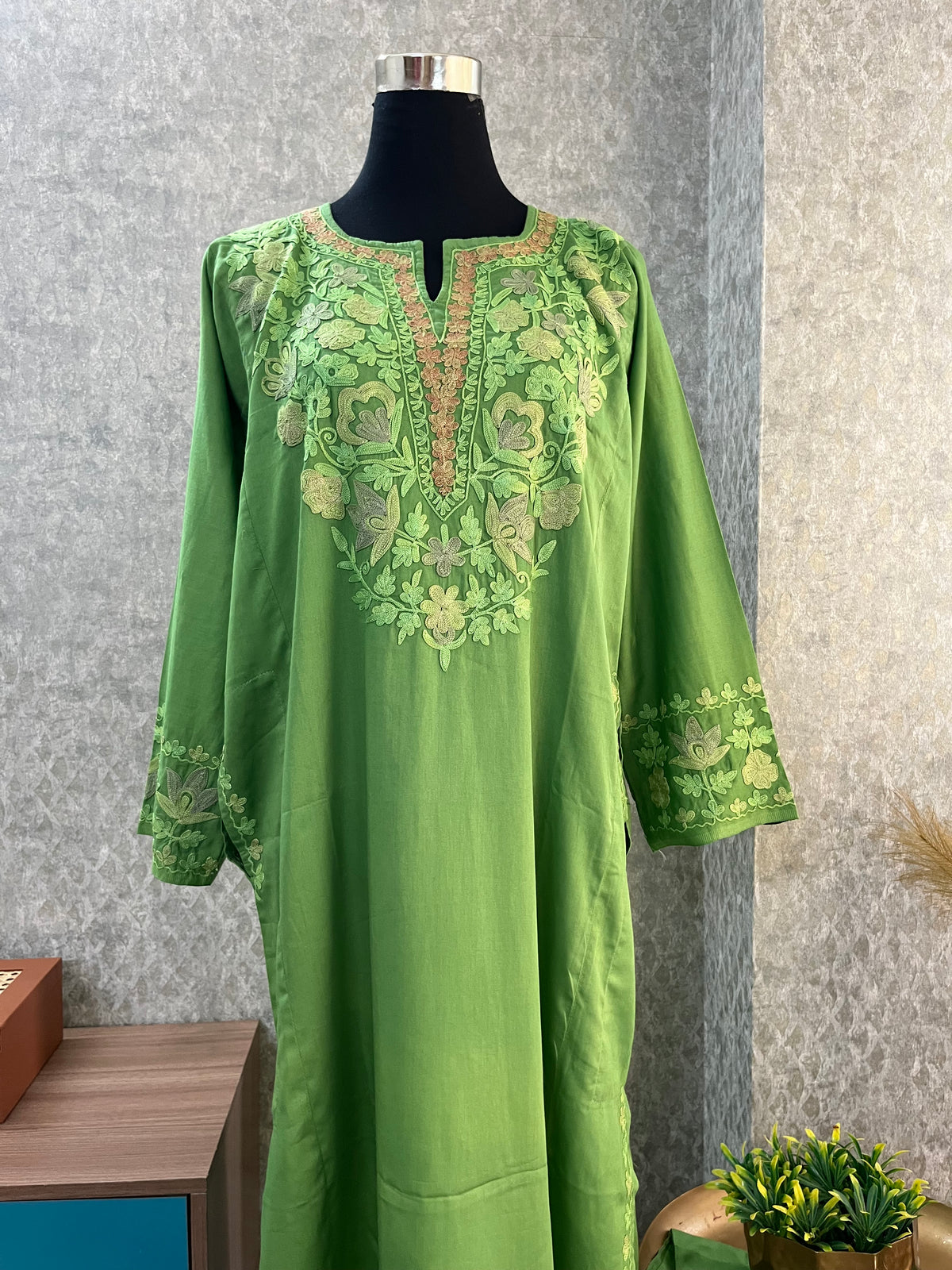 Lawn Green Cotton Front Jaal Pheran Set  Size(44)