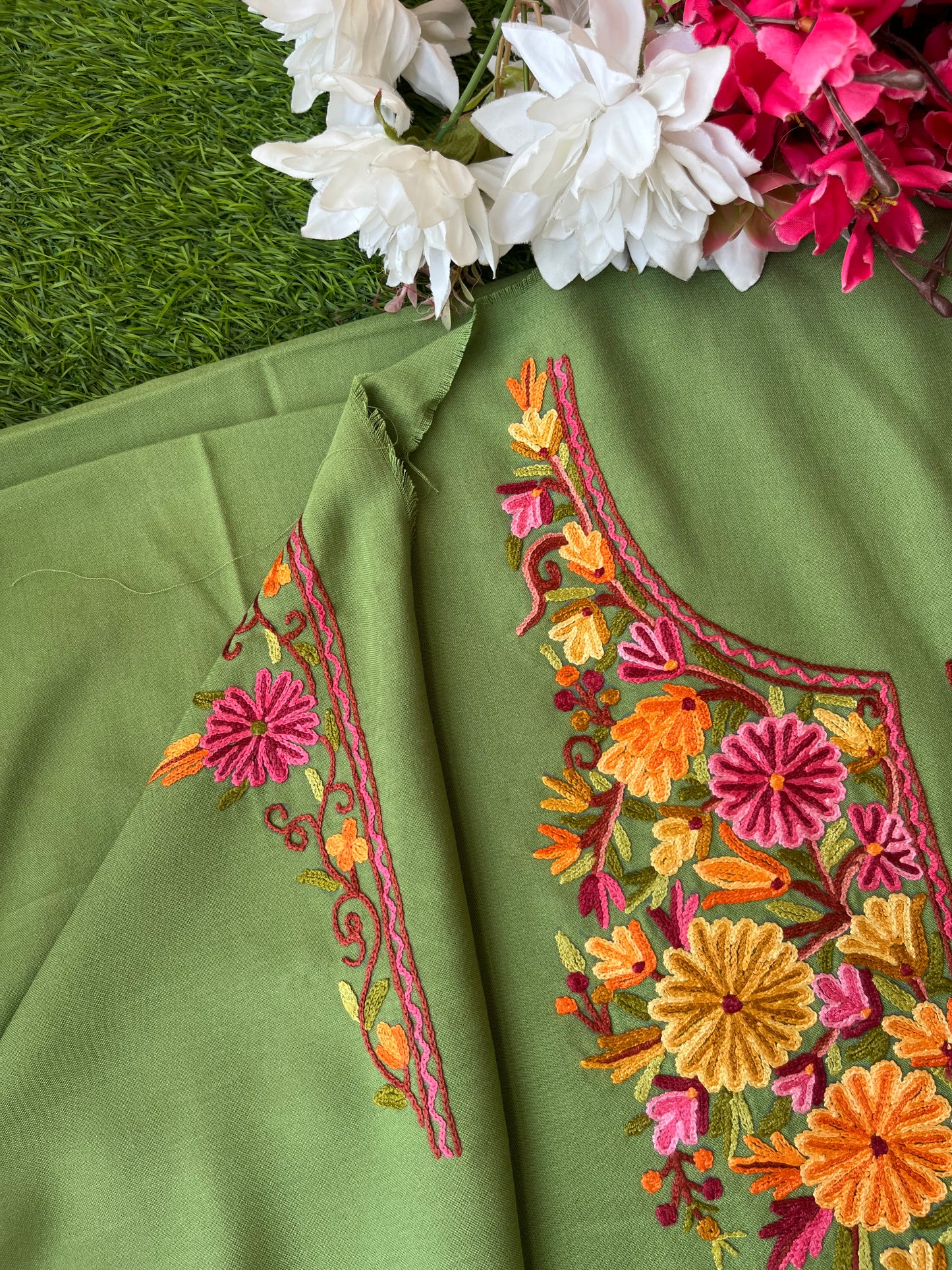 Green Cotton Two Piece Suit (Hand Embroidered)