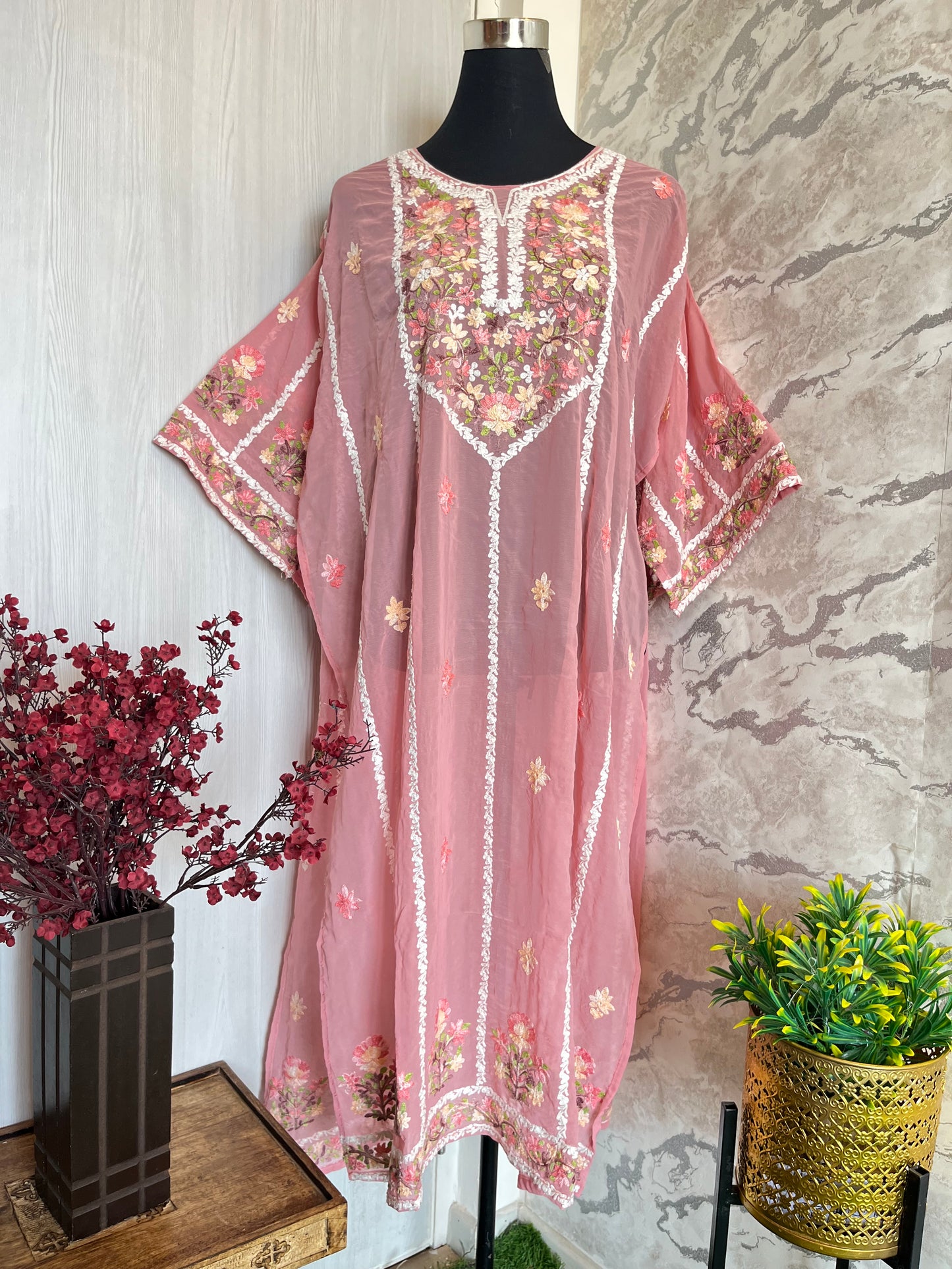 Pink Georgette All over Work Aari Embroidered Unstitched Kurta Material