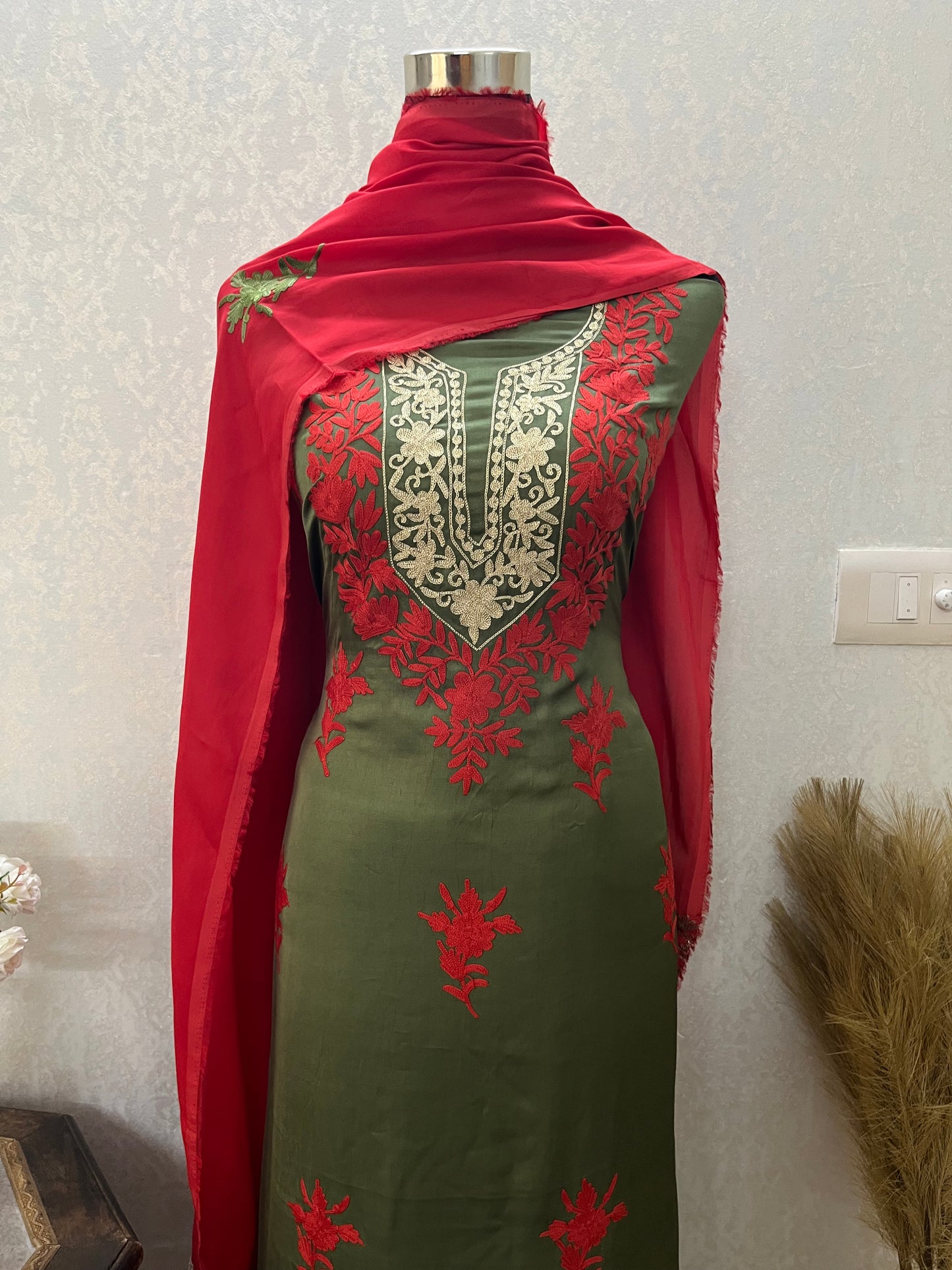 Heena green Satin Cotton Kashmiri Suit