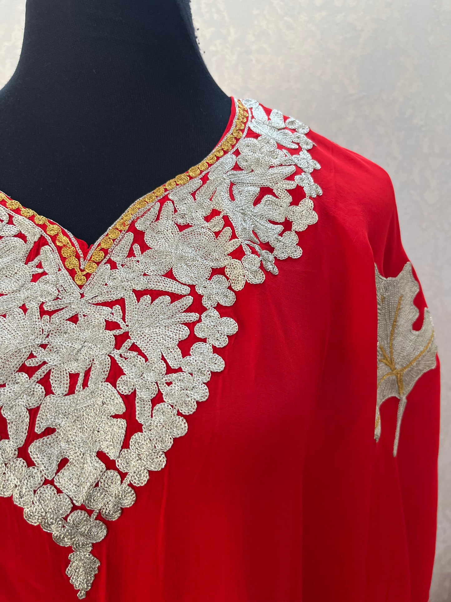 Red Crape Kashmiri Kaftan Set