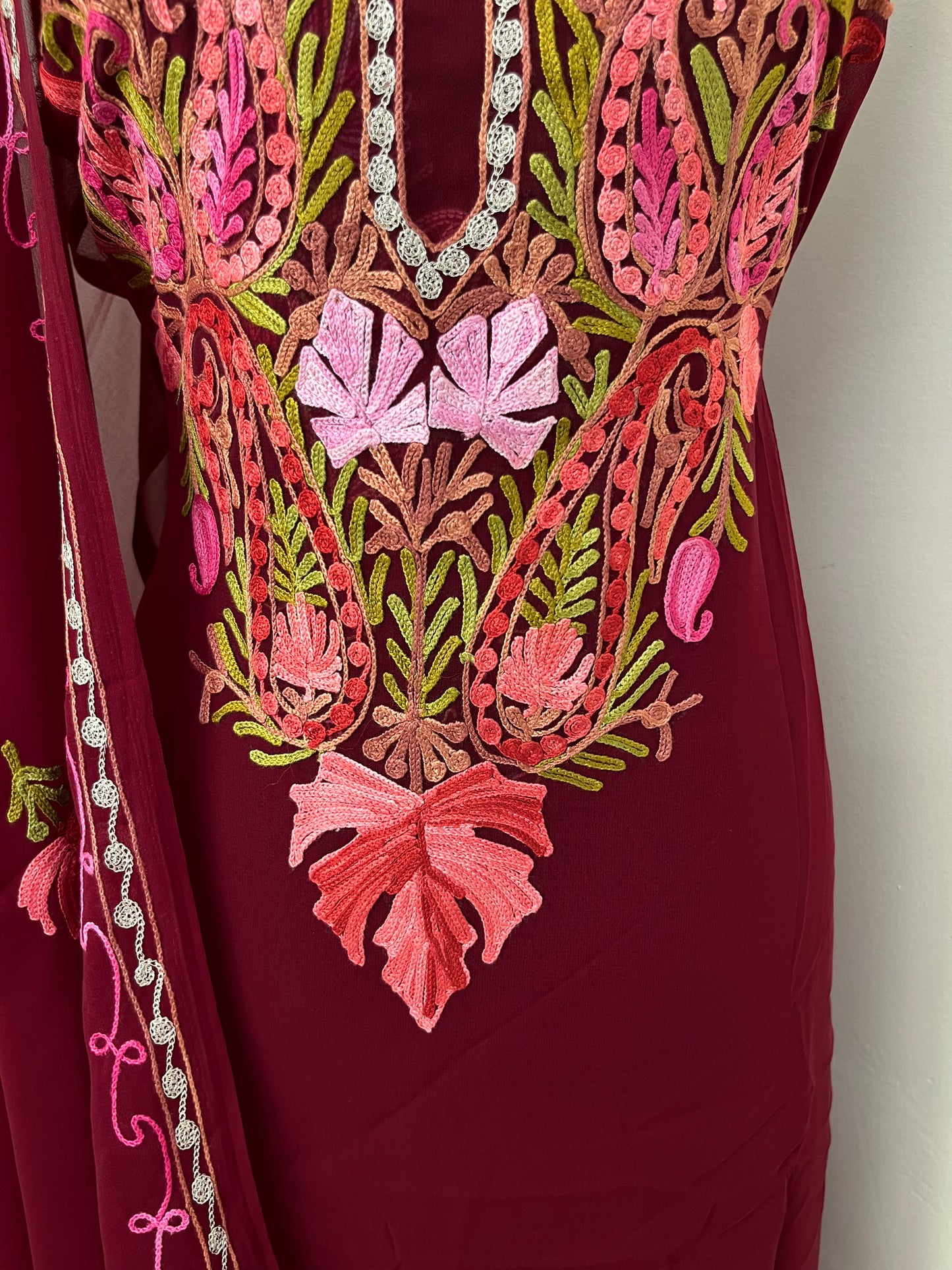 Maroon Georgette Shirt and Dupatta Aari Embroidered Suit