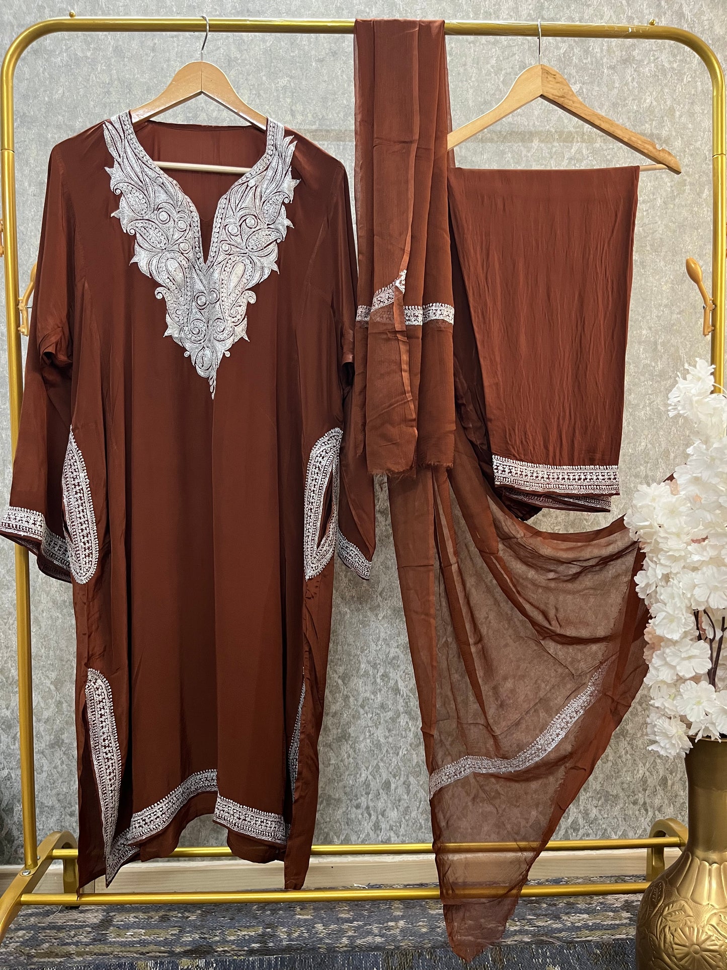 Coffee Stitched Crape Pheran Set with dupatta (46)