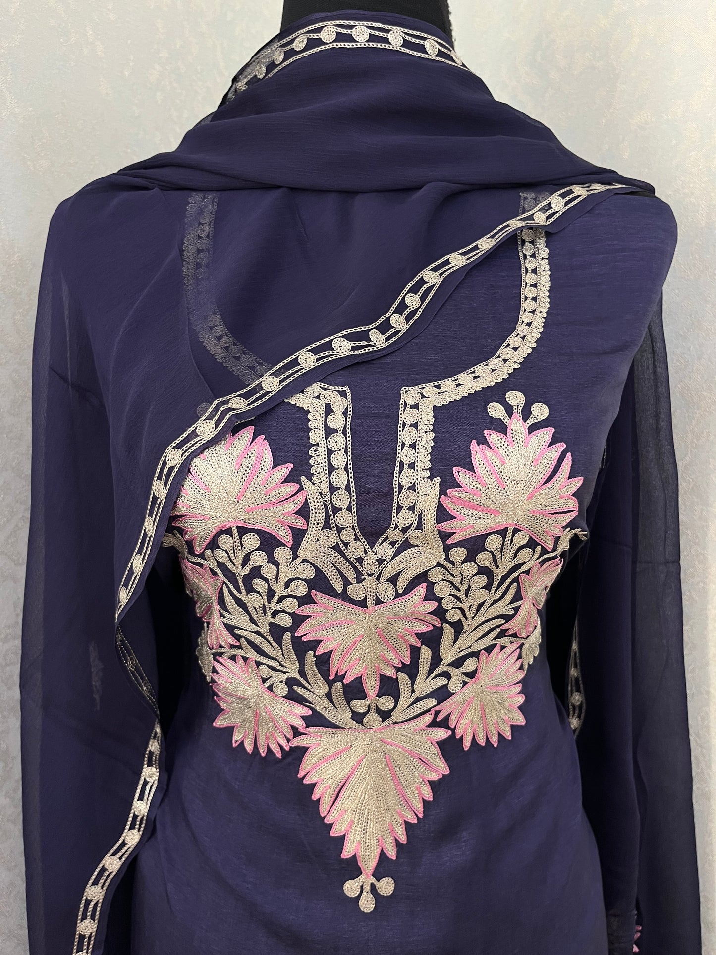 Navy Blue Silk Tilla Kashmiri Suit