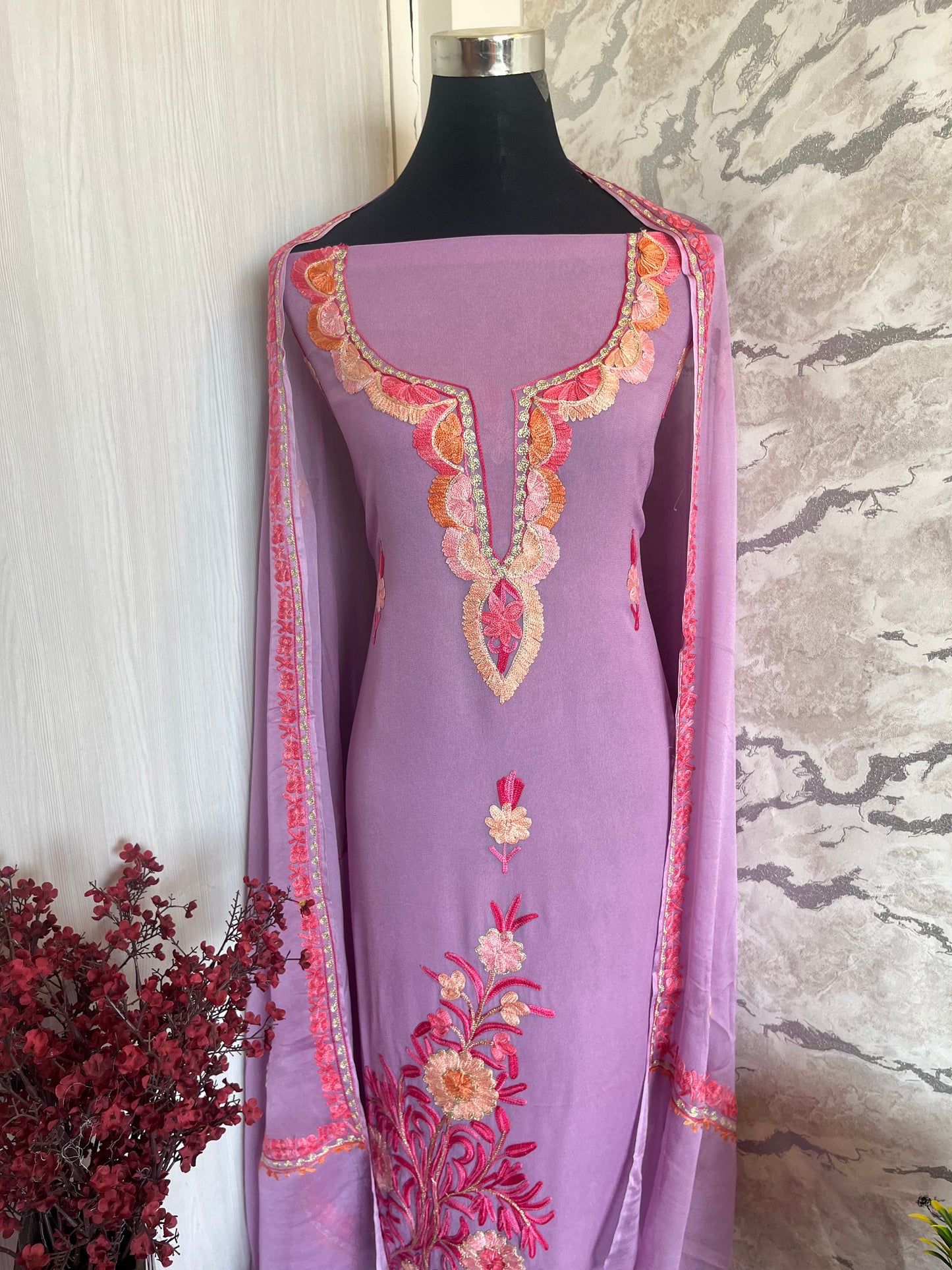 Panther Pink Pure Georgette Aari Embroidered Suito