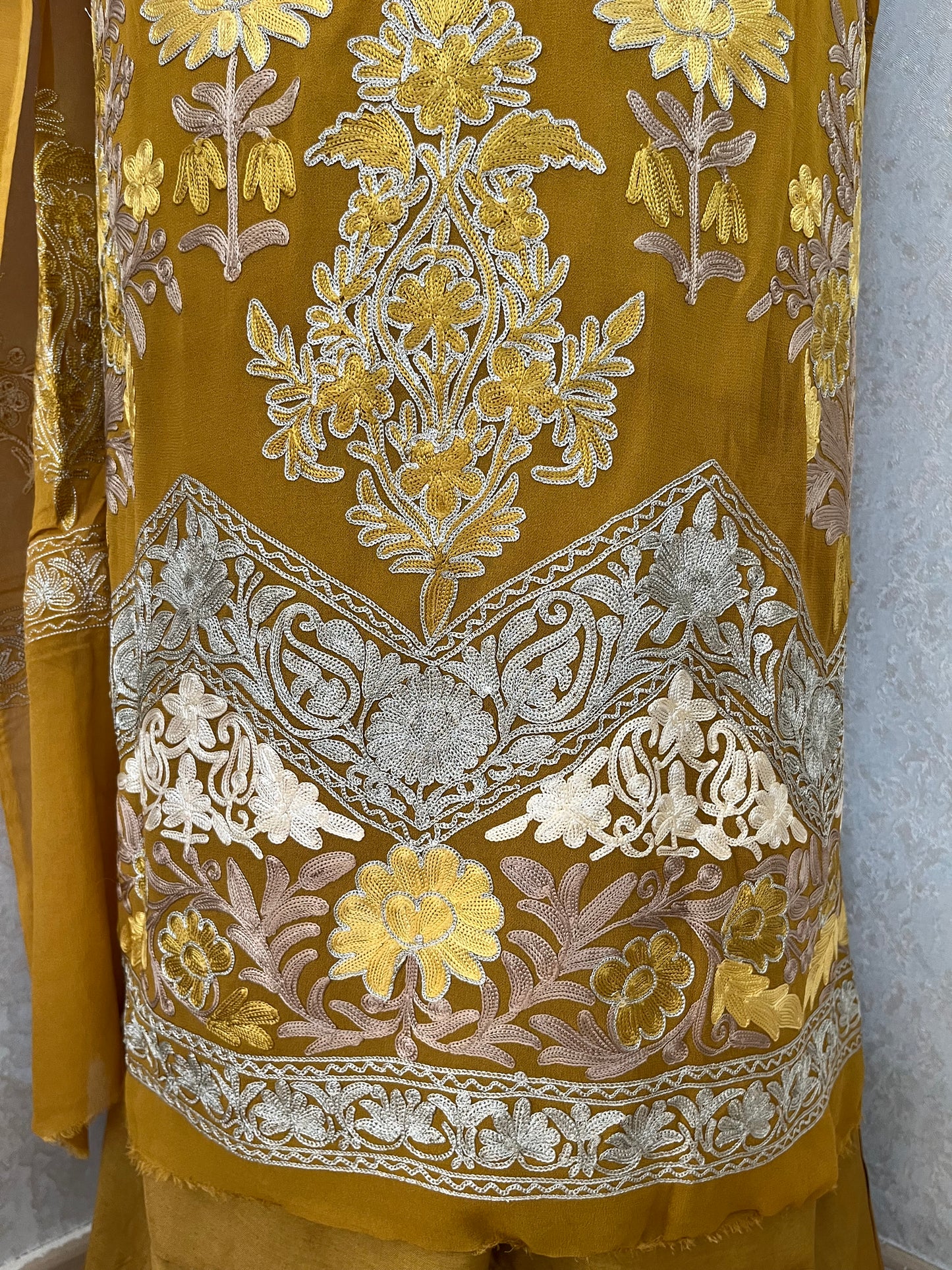 Mustard Pure Georgette 3 Pc Heavy Kashmiri Suit