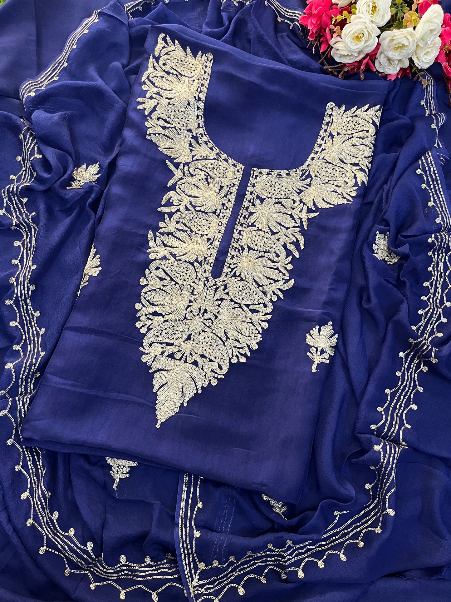 Blue Silk Tilla Kashmiri Suit