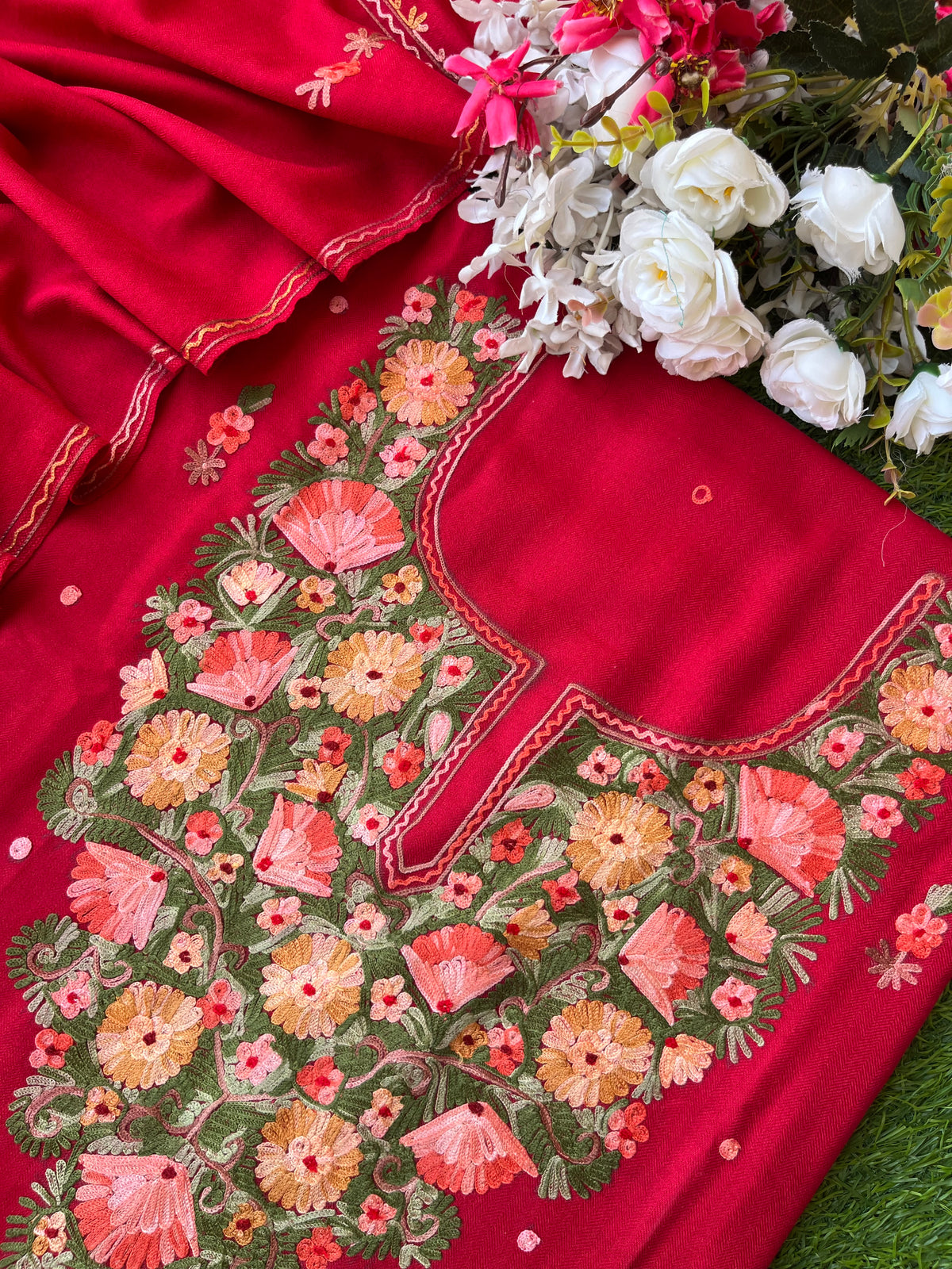Red Woollen Aari Embroidered 3pc suit