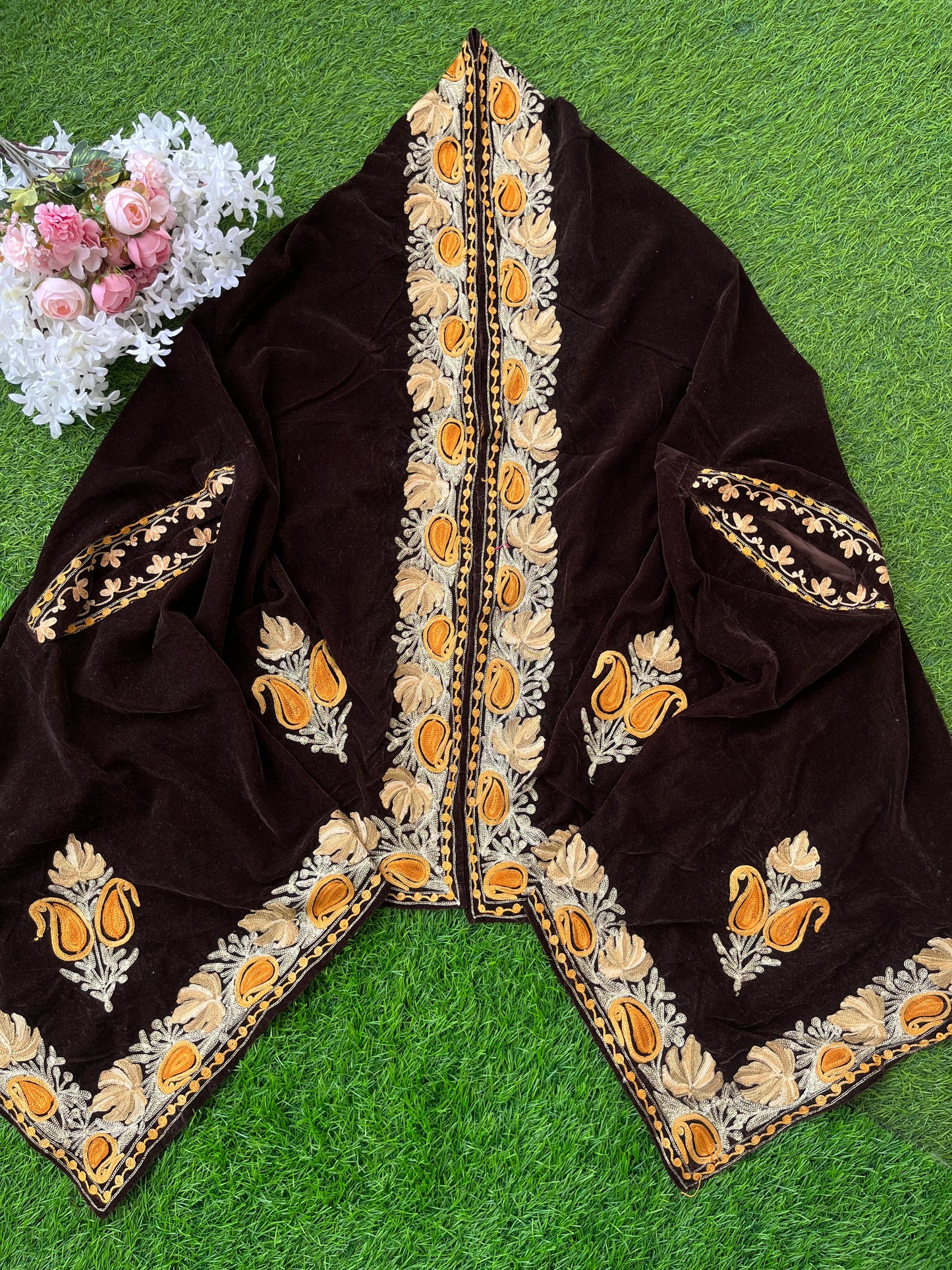 Brown Aari Embroidered Velvet Cape