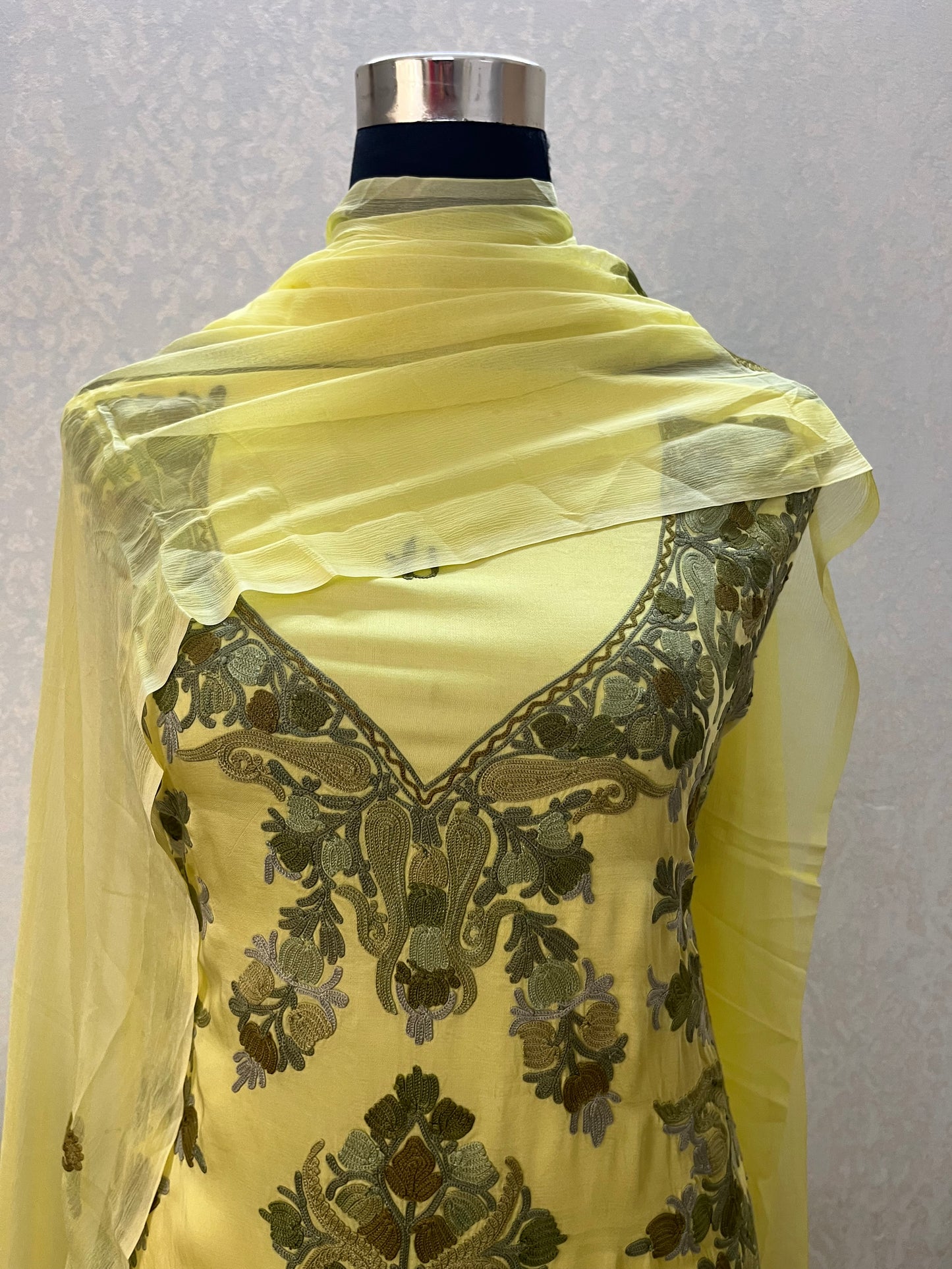 Yellow Satin Cotton Kashmiri Suit