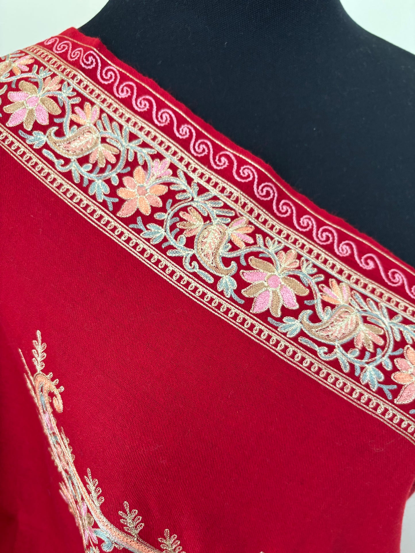 Red Silk Thread Ambi Aangan Embroidered Fine Semi Pashmina stole