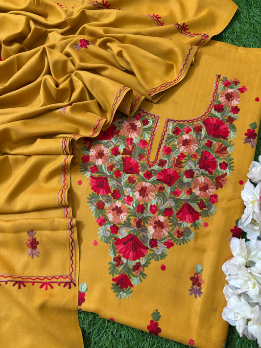 Golden Yellow Woollen Aari Embroidered 3pc suit