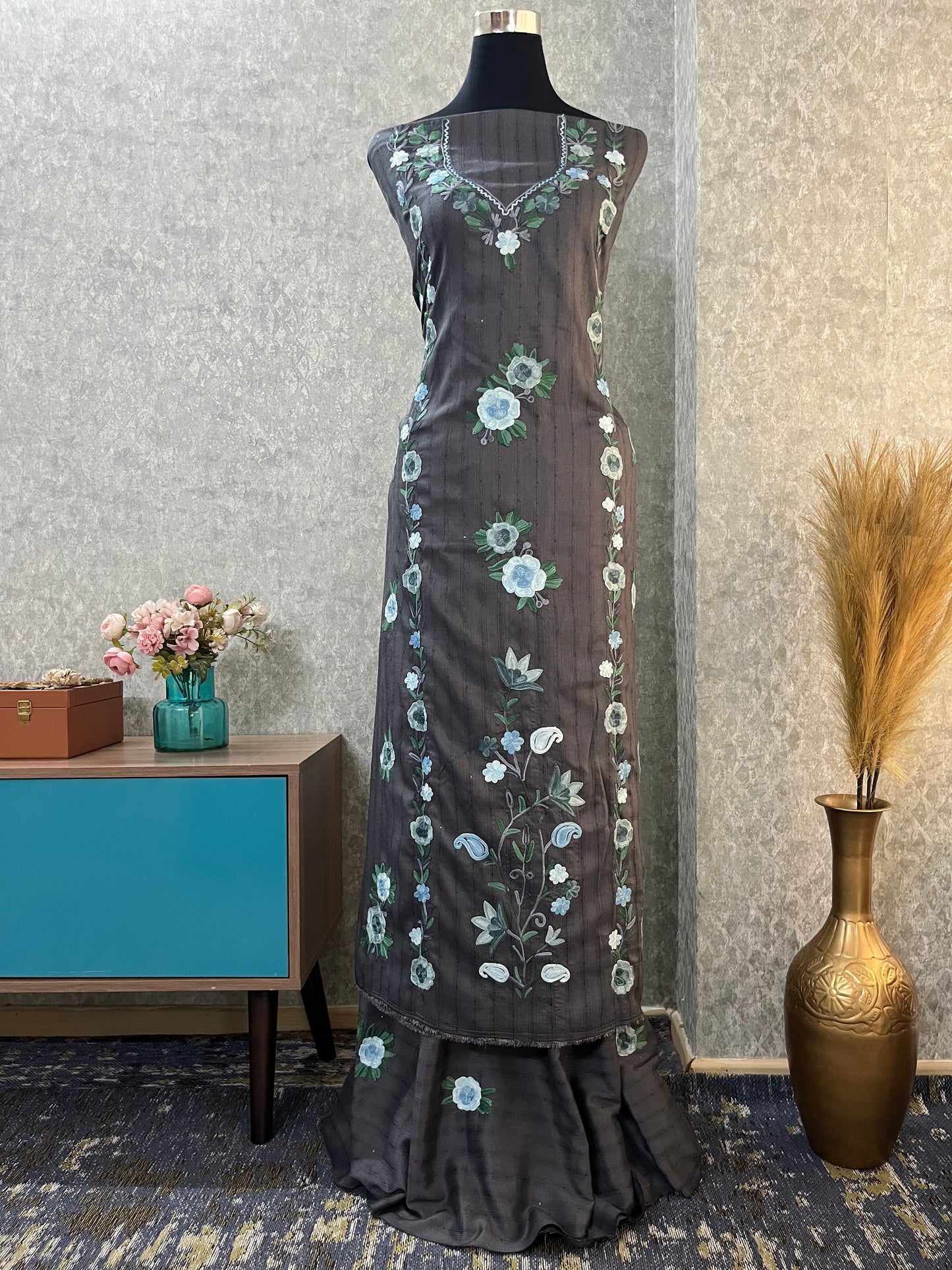 Deep Grey Muslin Cotton Striped Sequin Pattern Unstitched Co-ord Set