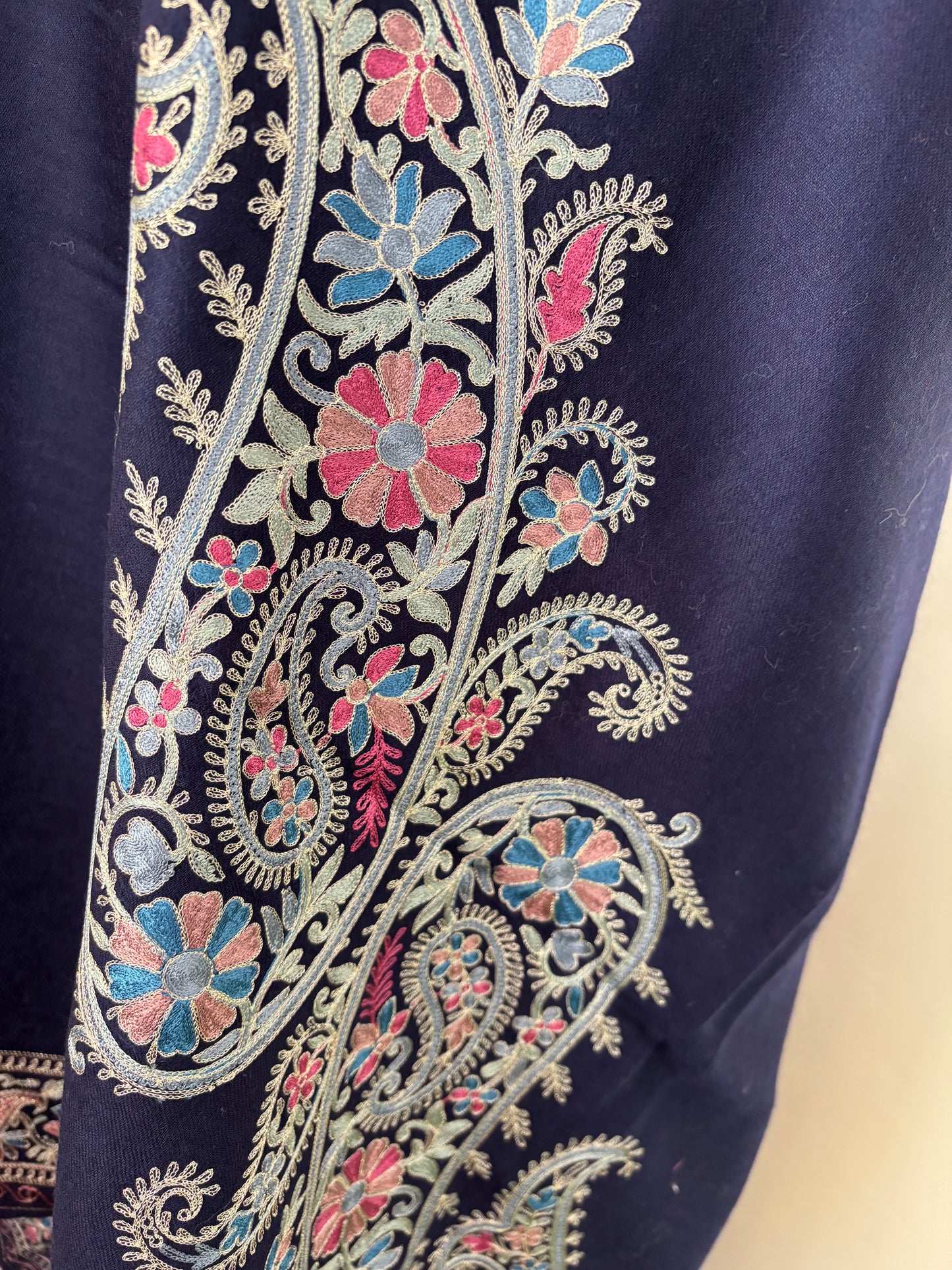 Blue Silk Thread Ambi Aangan Embroidered Fine Semi Pashmina stole