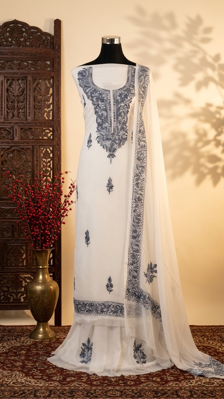 Off White Georgette Aari Embroidered Suit Set