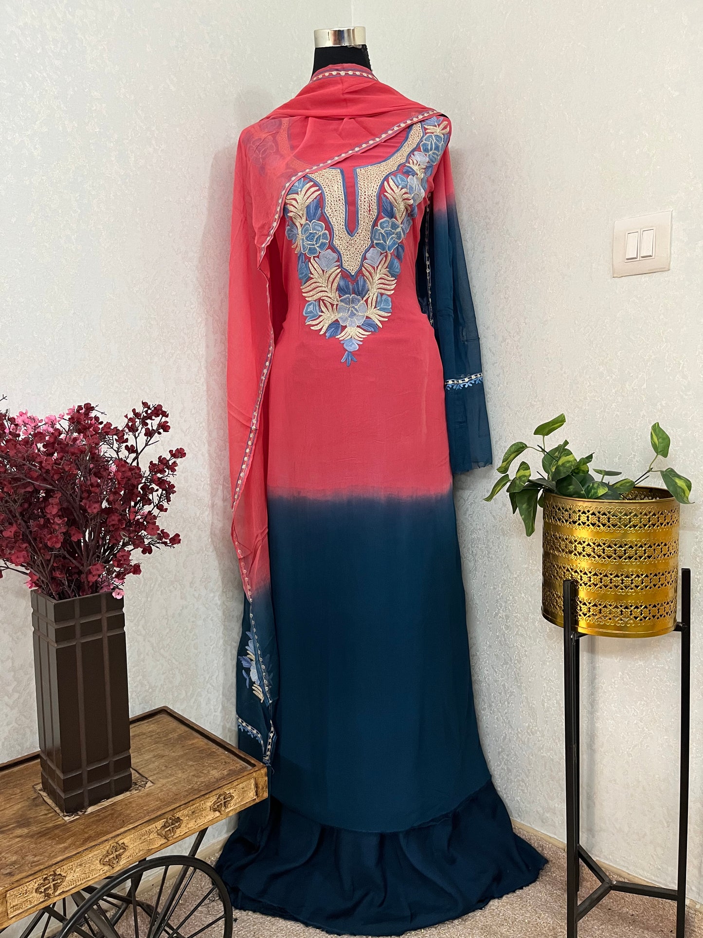 Carrot Pink Pure Georgette Double Shade Kashmiri Suit