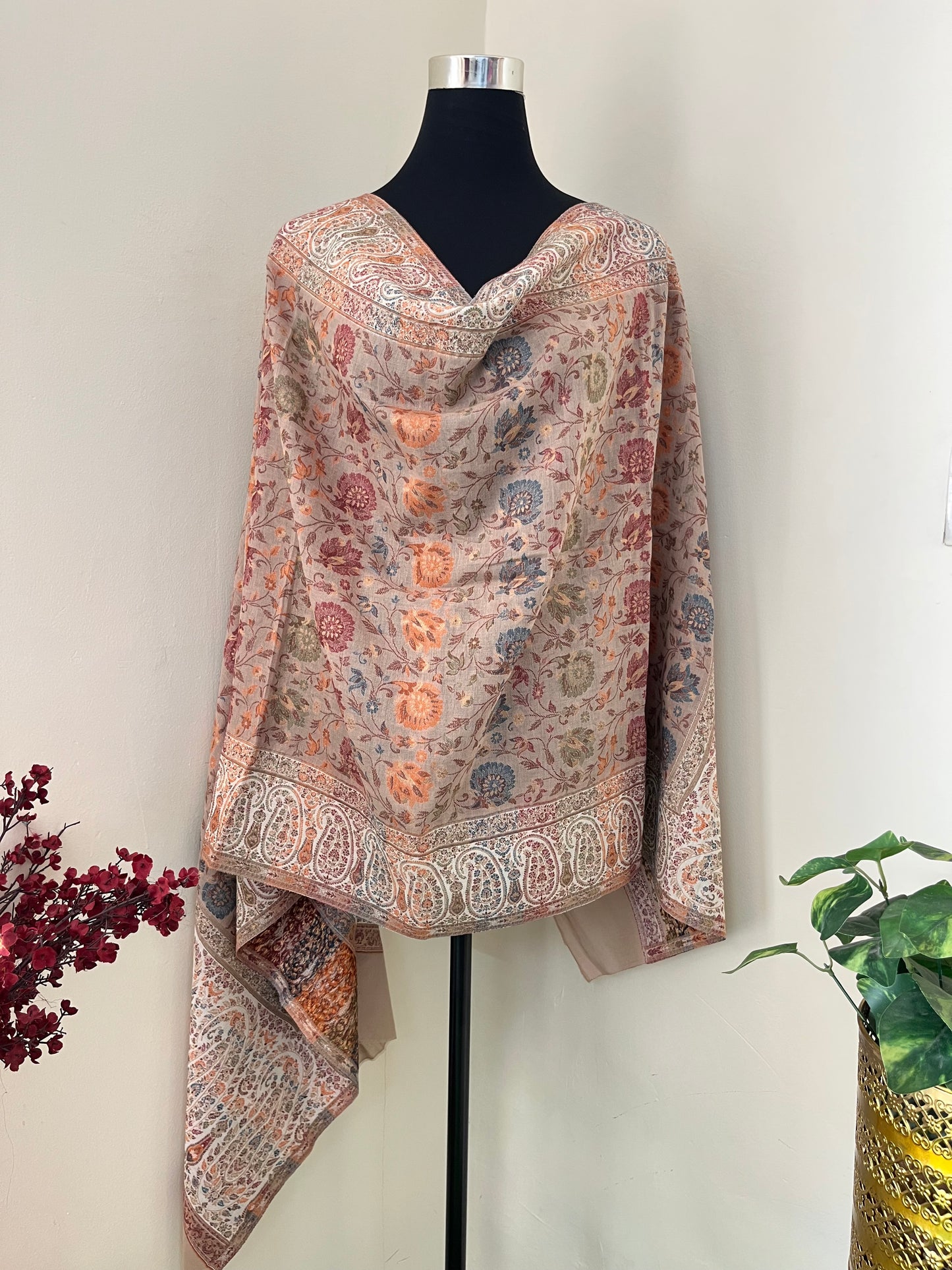 Beige Kani Fine Semi Pashmina stole