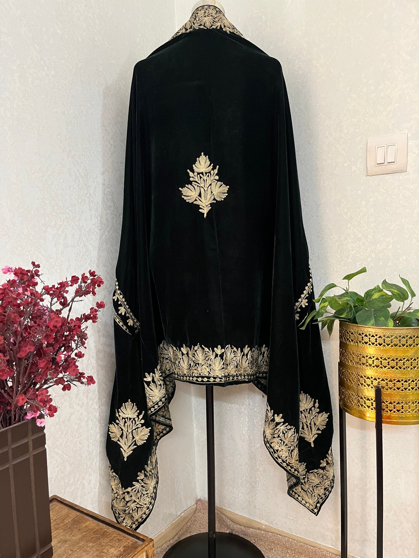 Bottle Green Tilla Embroidered Velvet Cape