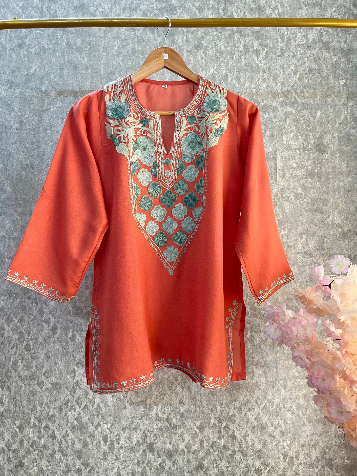 Peach Cotton Aari Work Kurti