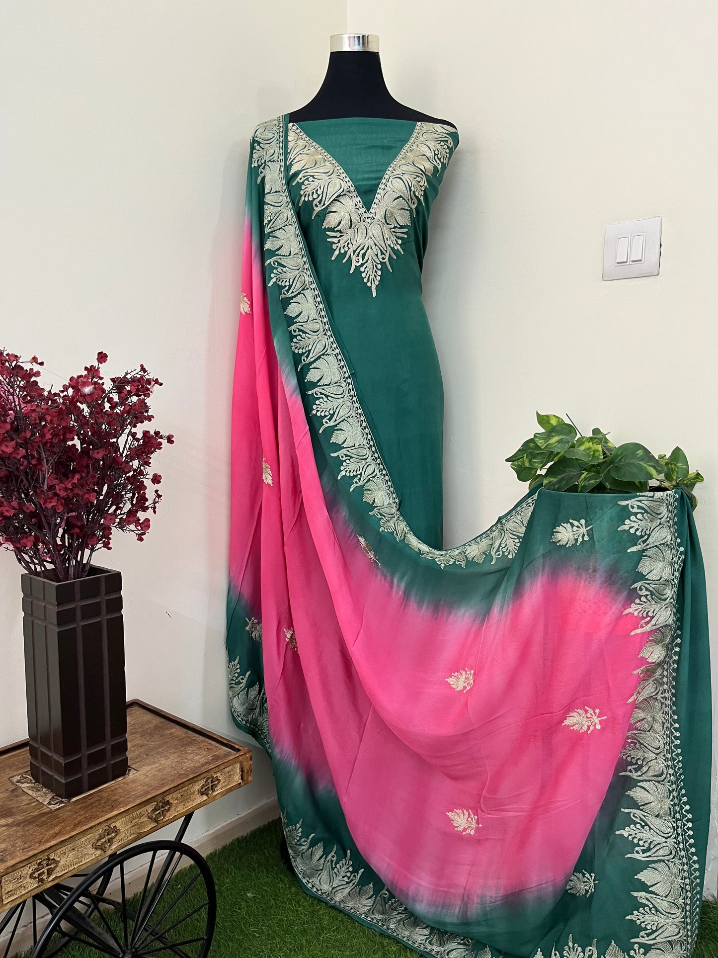 Sanam Green Silk Kashmiri Suit