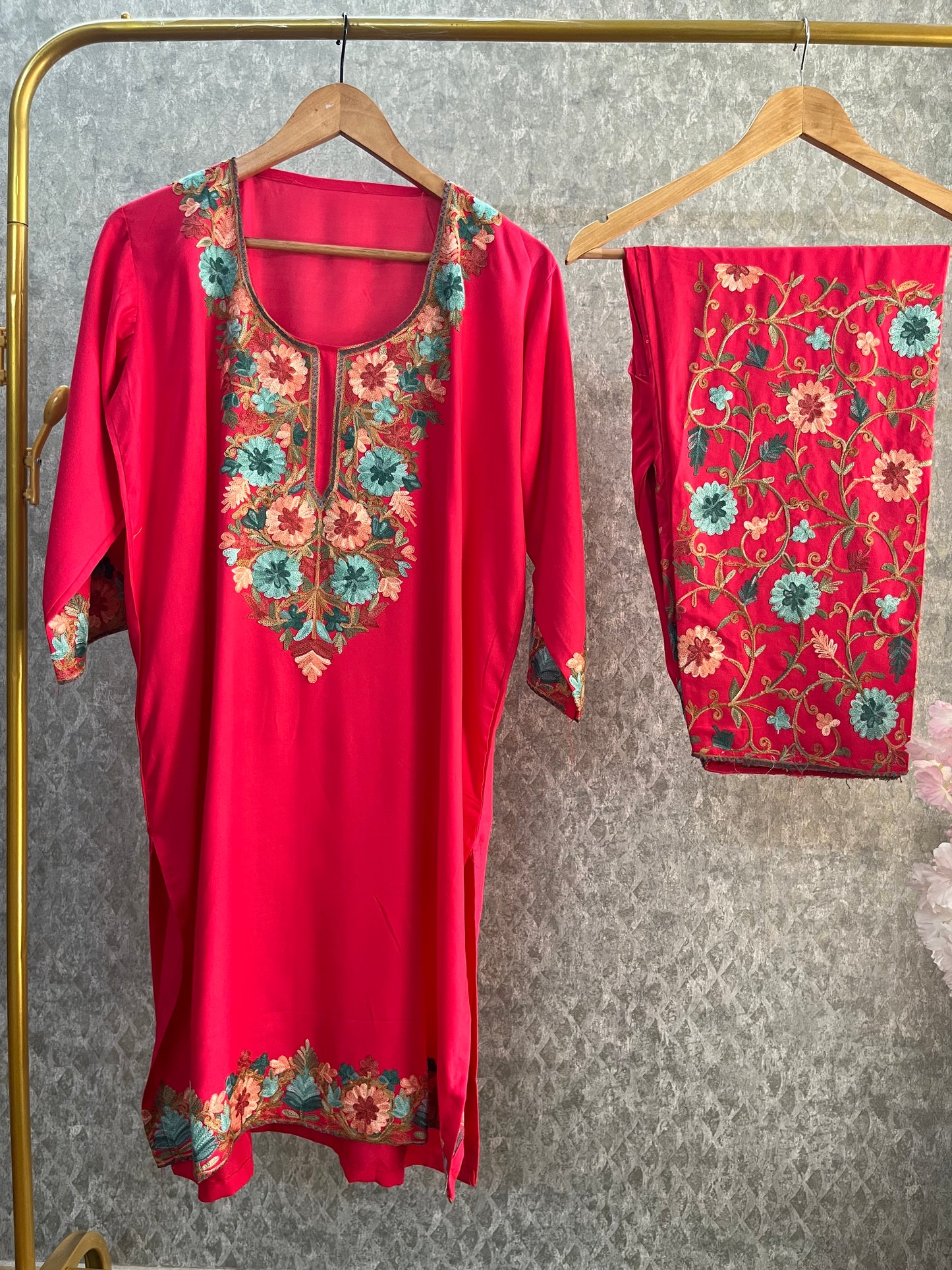 Carrot Pink Cotton Stitched Co-ord Set(44)
