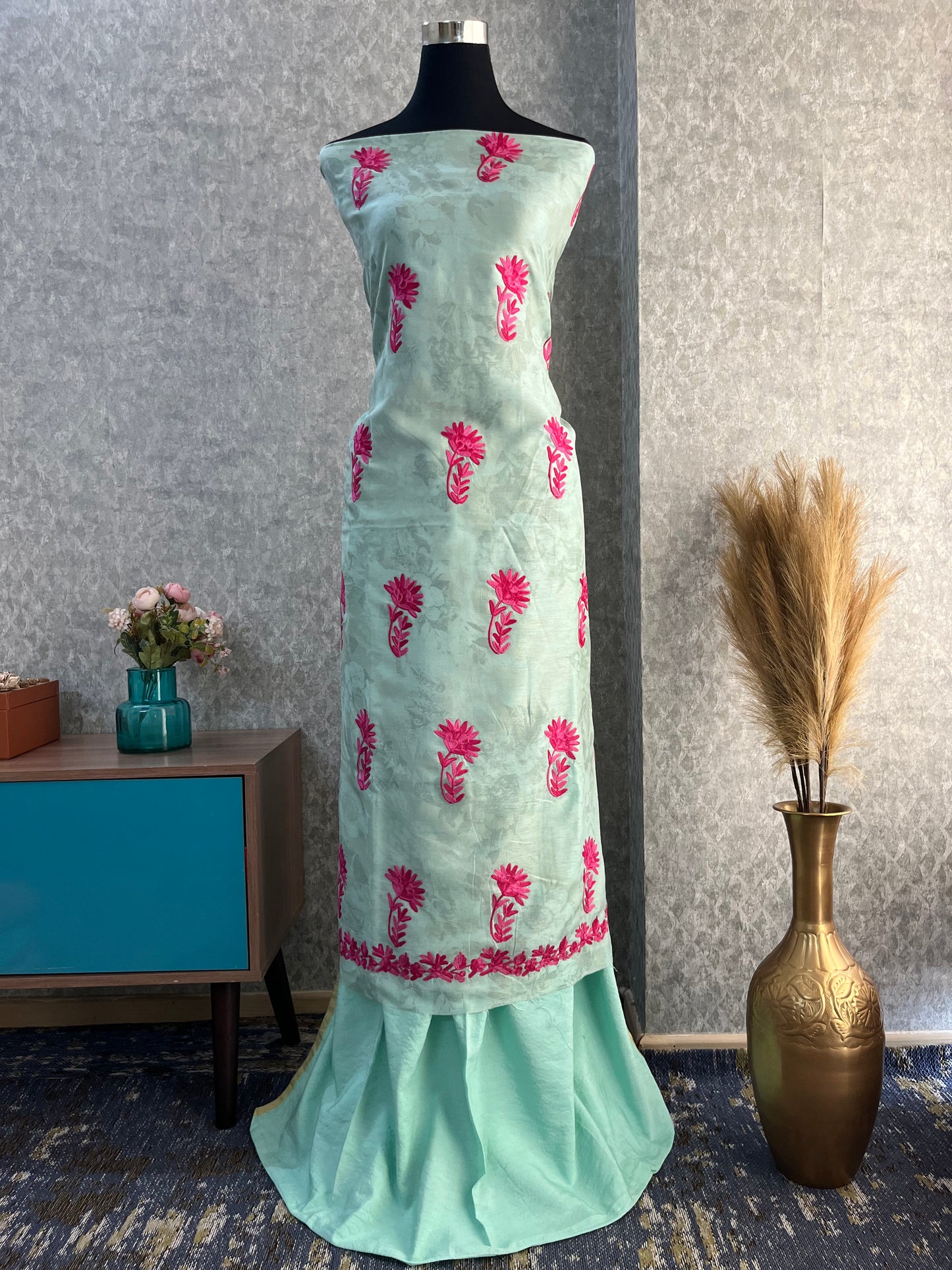 Mint Green Self Work Satin Cotton Unstitched Co-ord Set