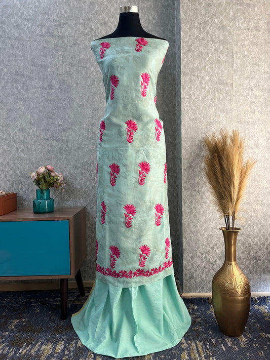 Mint Green Self Work Satin Cotton Unstitched Co-ord Set