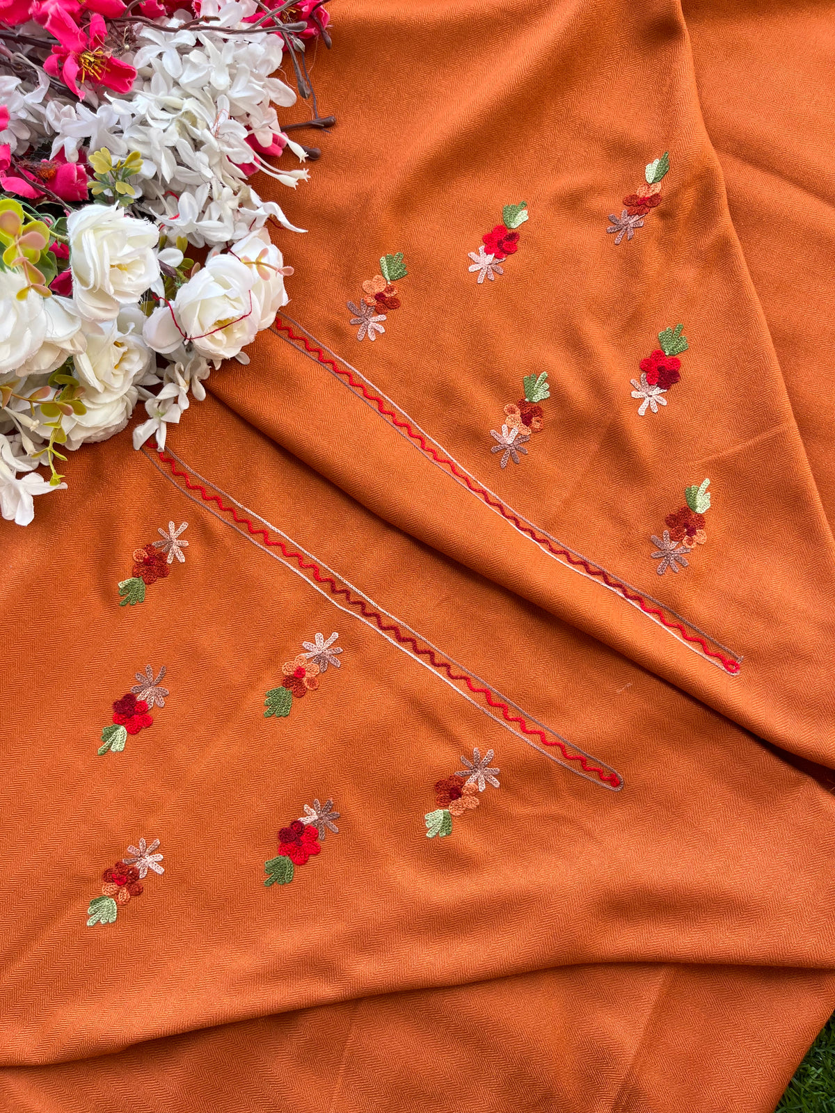 Orange Woollen Aari Embroidered 3pc suit