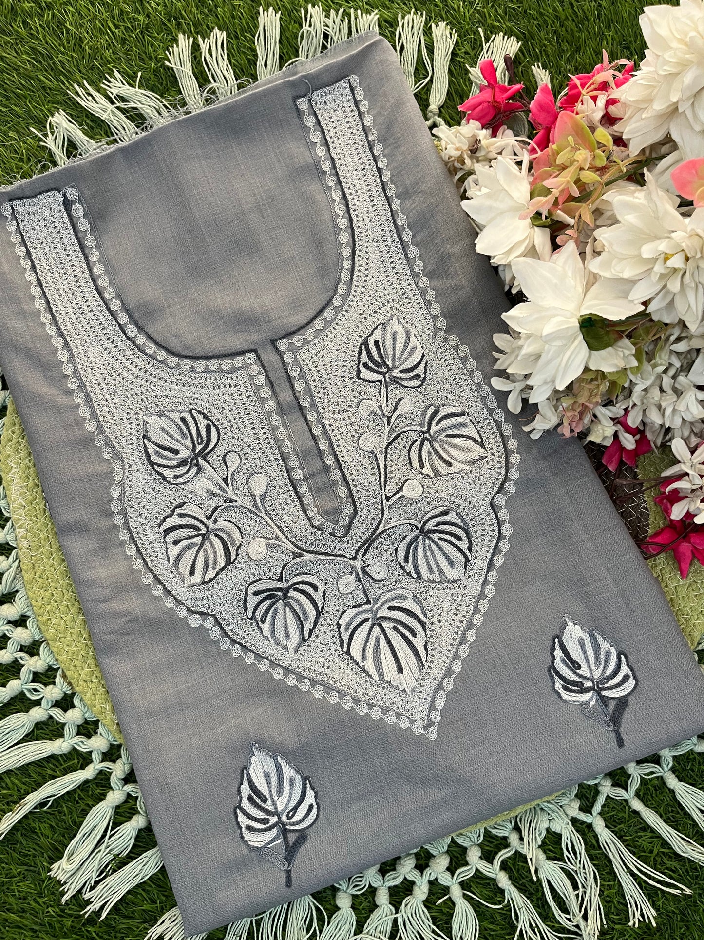Grey Cotton Unstitched Aari Work Kurti