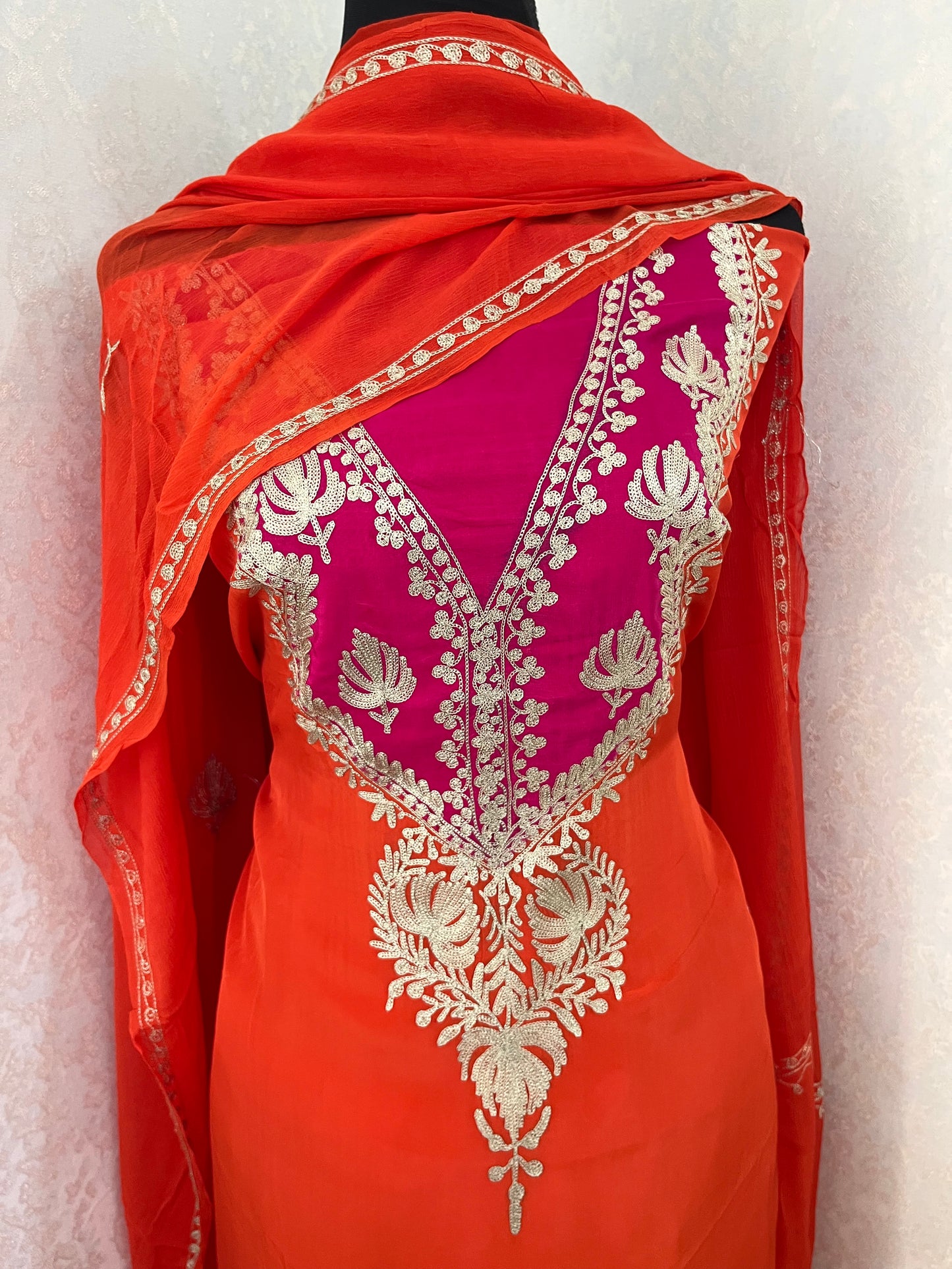 Orange Crape Kashmiri Suit with Clutch