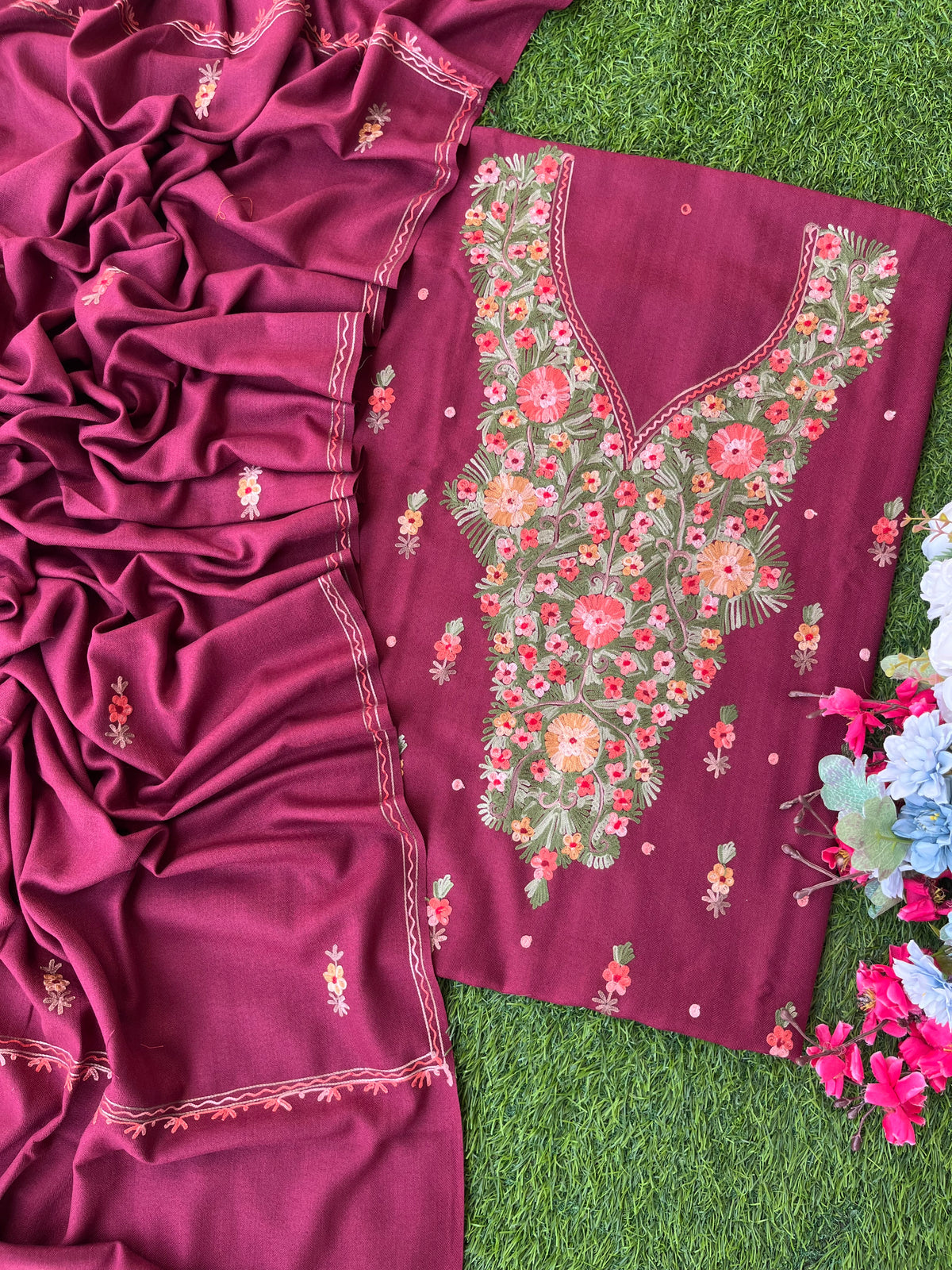 Maroon Woollen Aari Embroidered 3pc suit