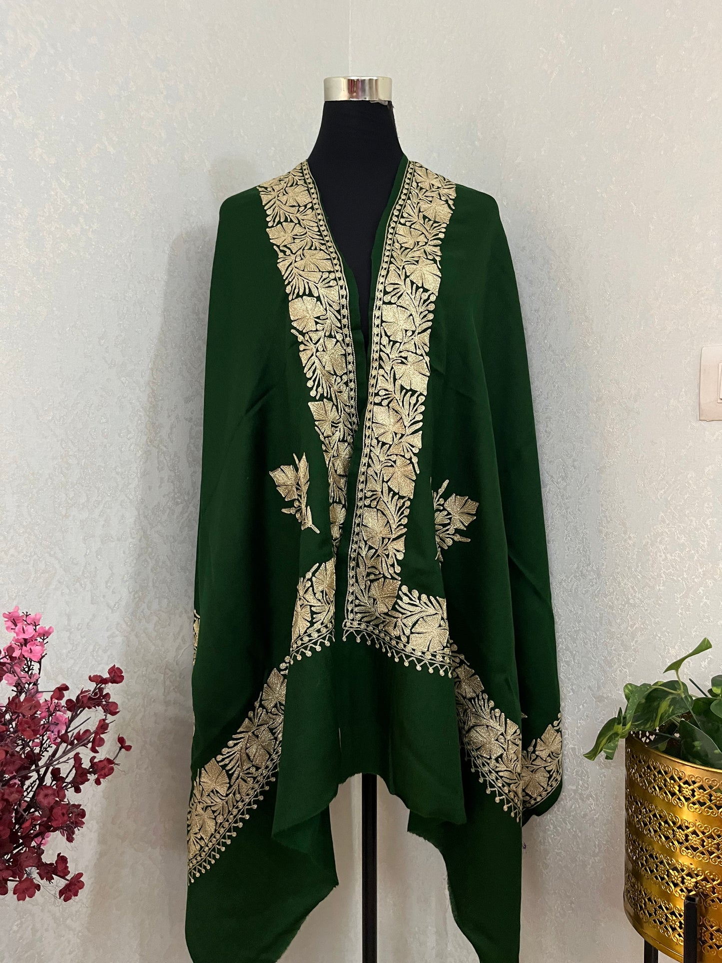 Bottle Green Semi Pashmina Tilla Embroidered stole
