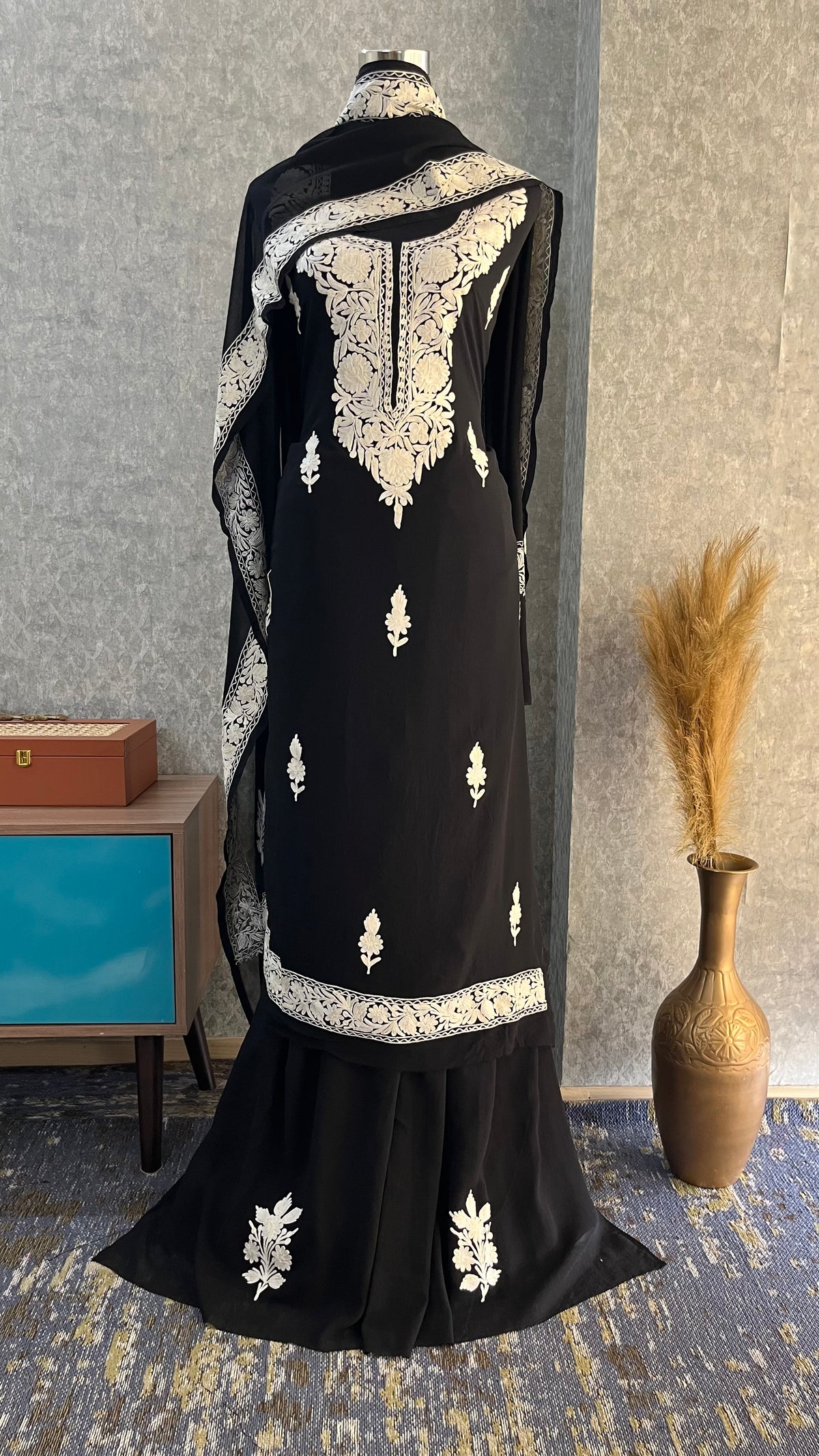 Georgette Black 3 Pc Kashmiri Suit