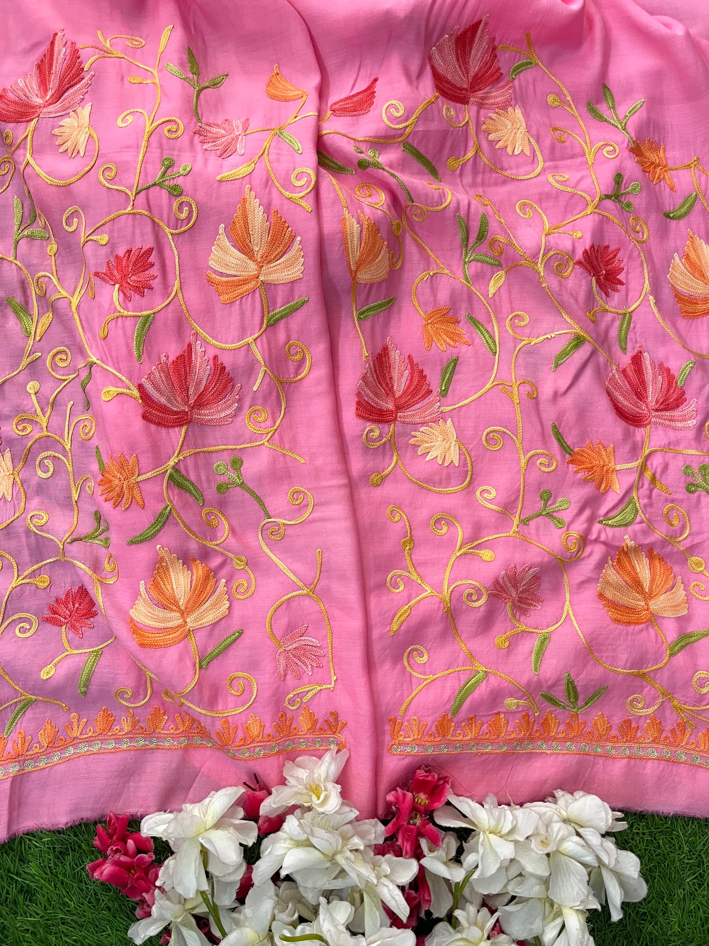 Soft Pink Muslin Cotton Jaal Sleeves Kashmiri 3pc Suit