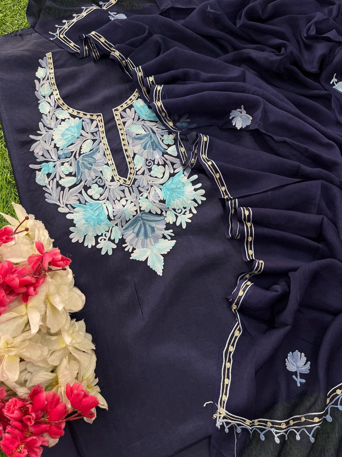 Navy Blue Opada Silk Kashmiri Suit