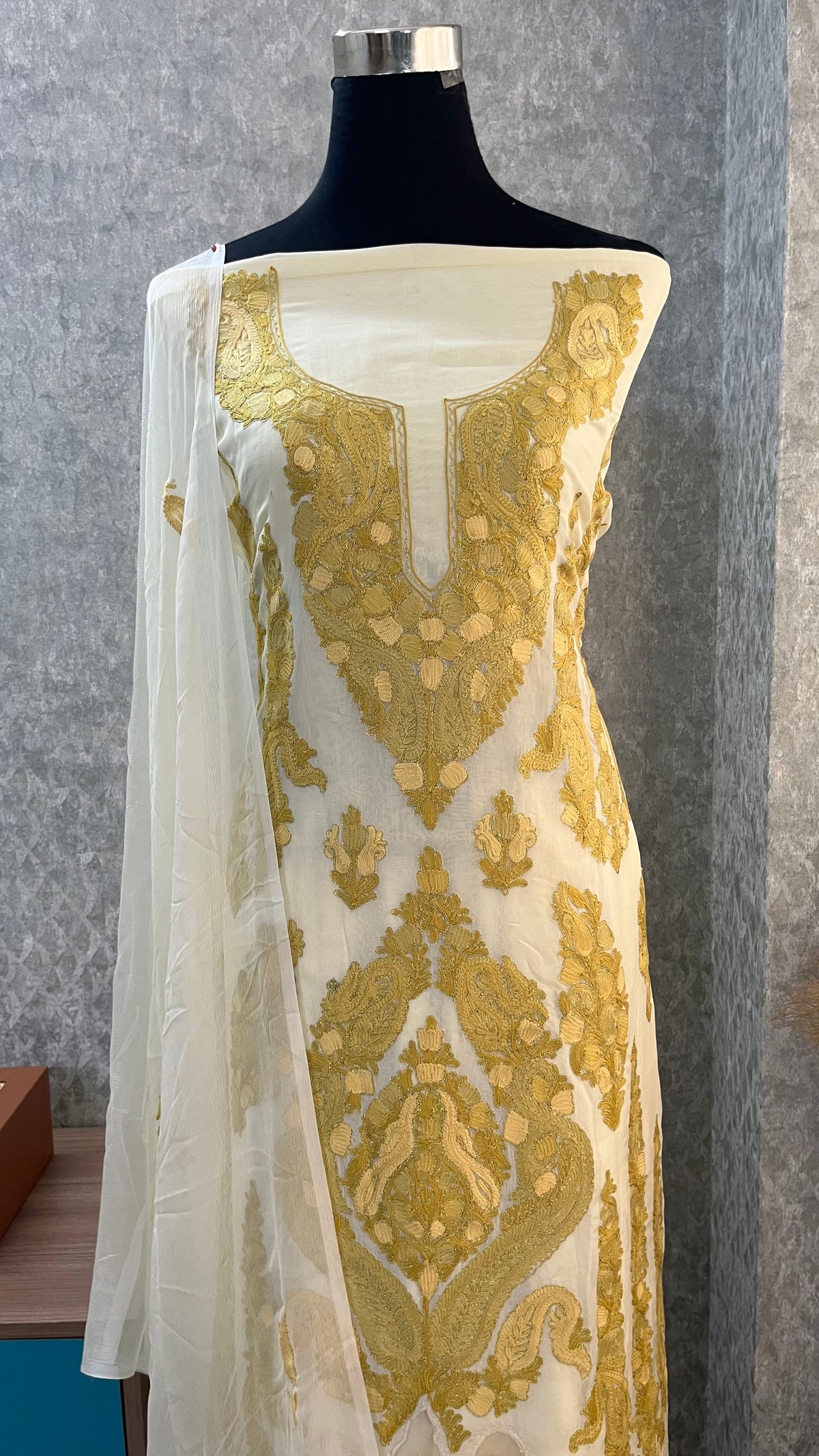 Ivory Pure Organza Cut Work Kashmiri Suit