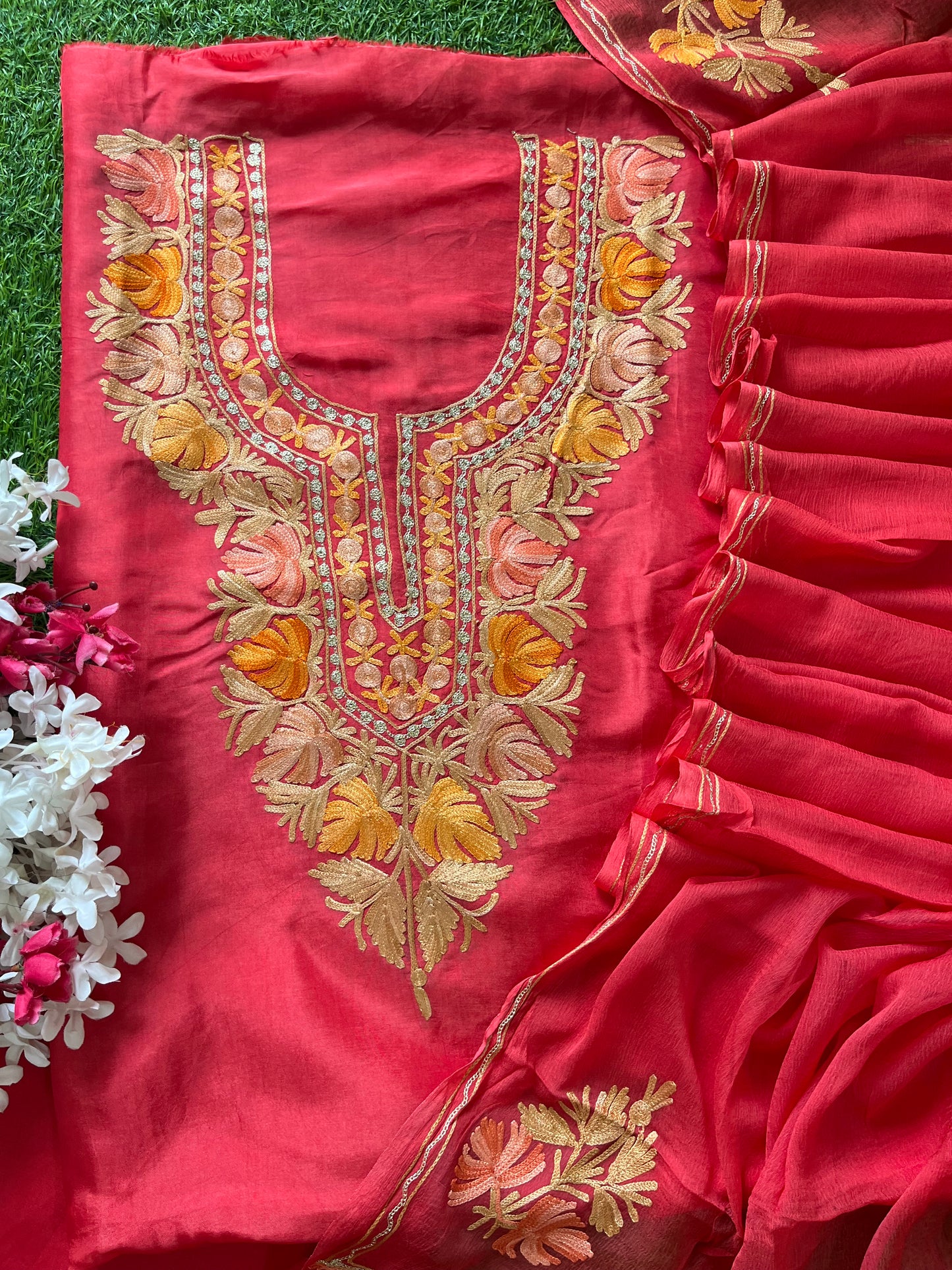 Blush Red Opada Silk Kashmiri Suit