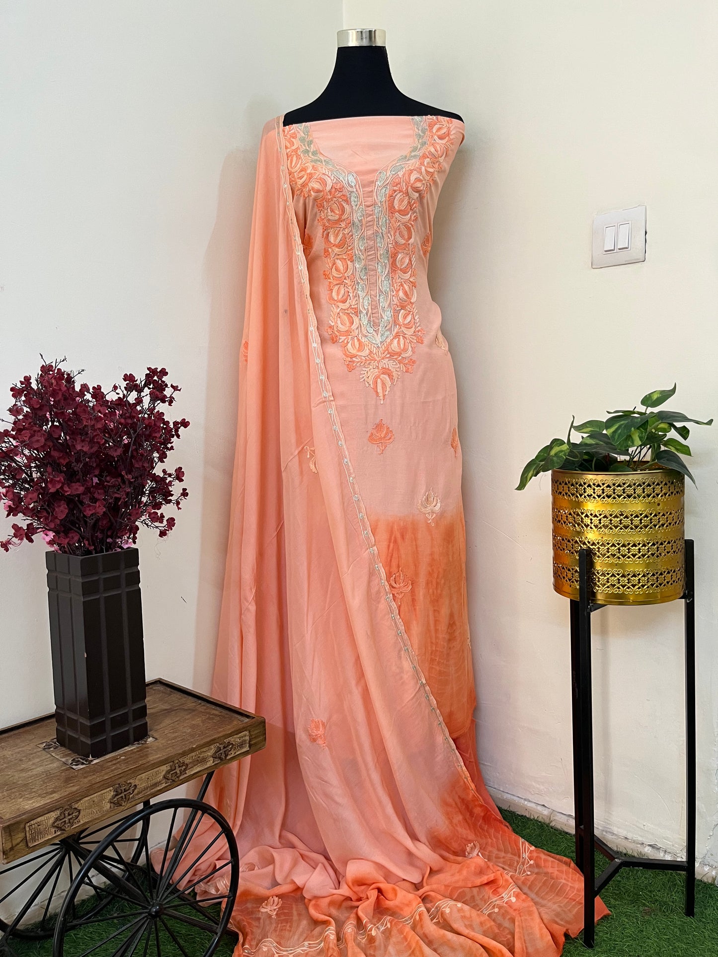 Soft Orange Mul Cotton Shibori Work Kashmiri 3pc Suit