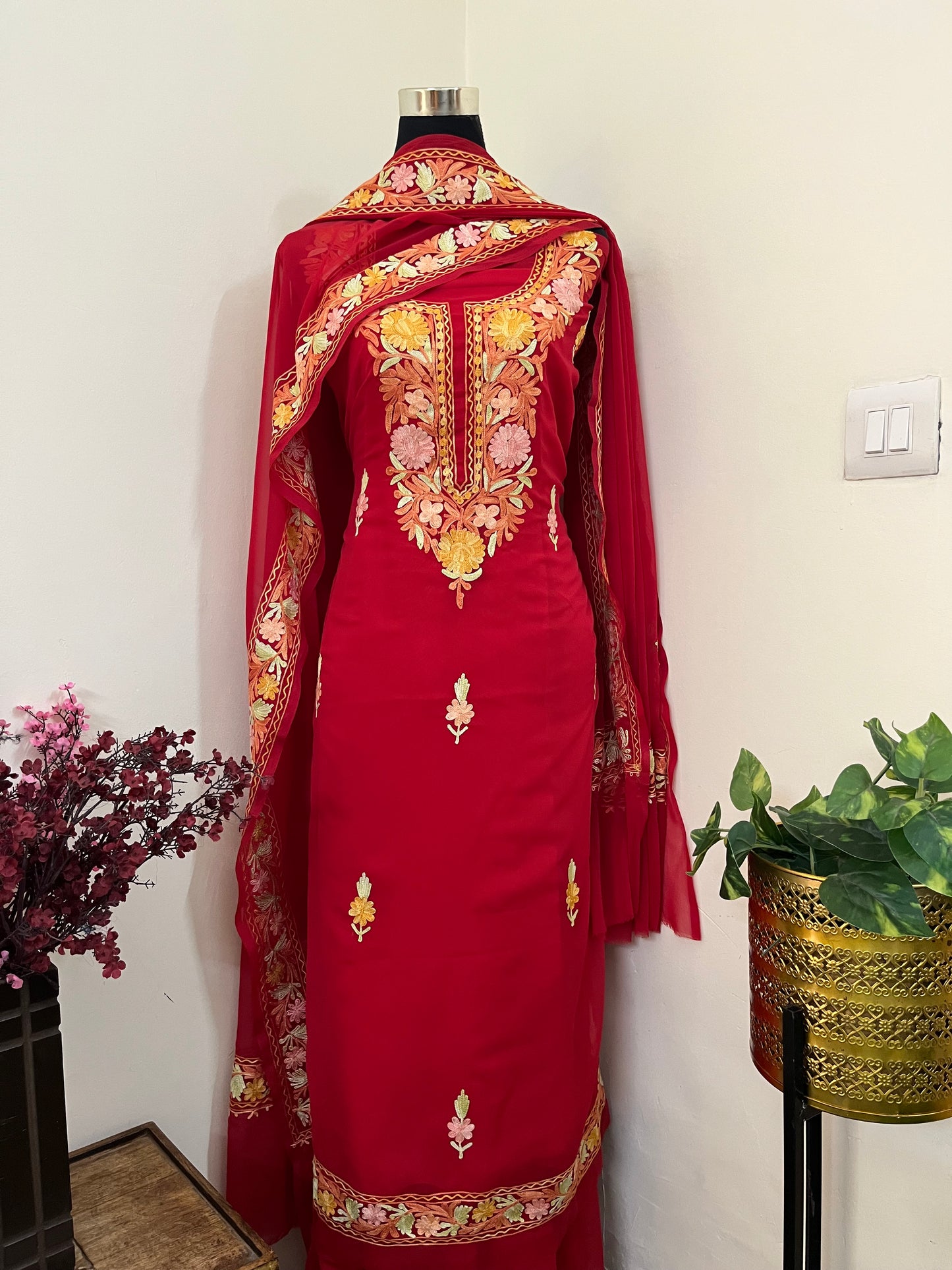 Red Georgette 3 Pc Aari Embroidered Suit Set