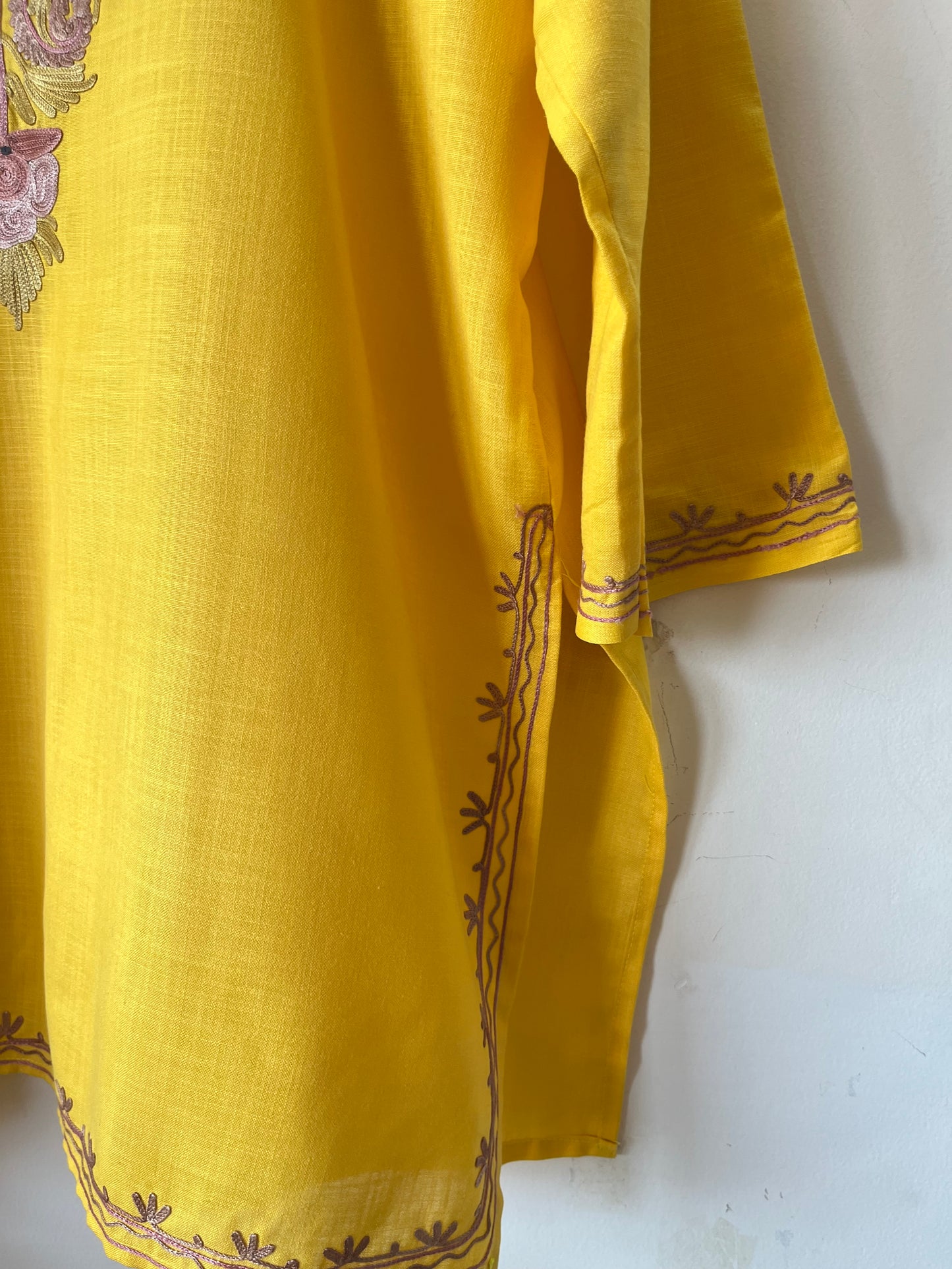 Yellow Cotton Aari Work Kurti