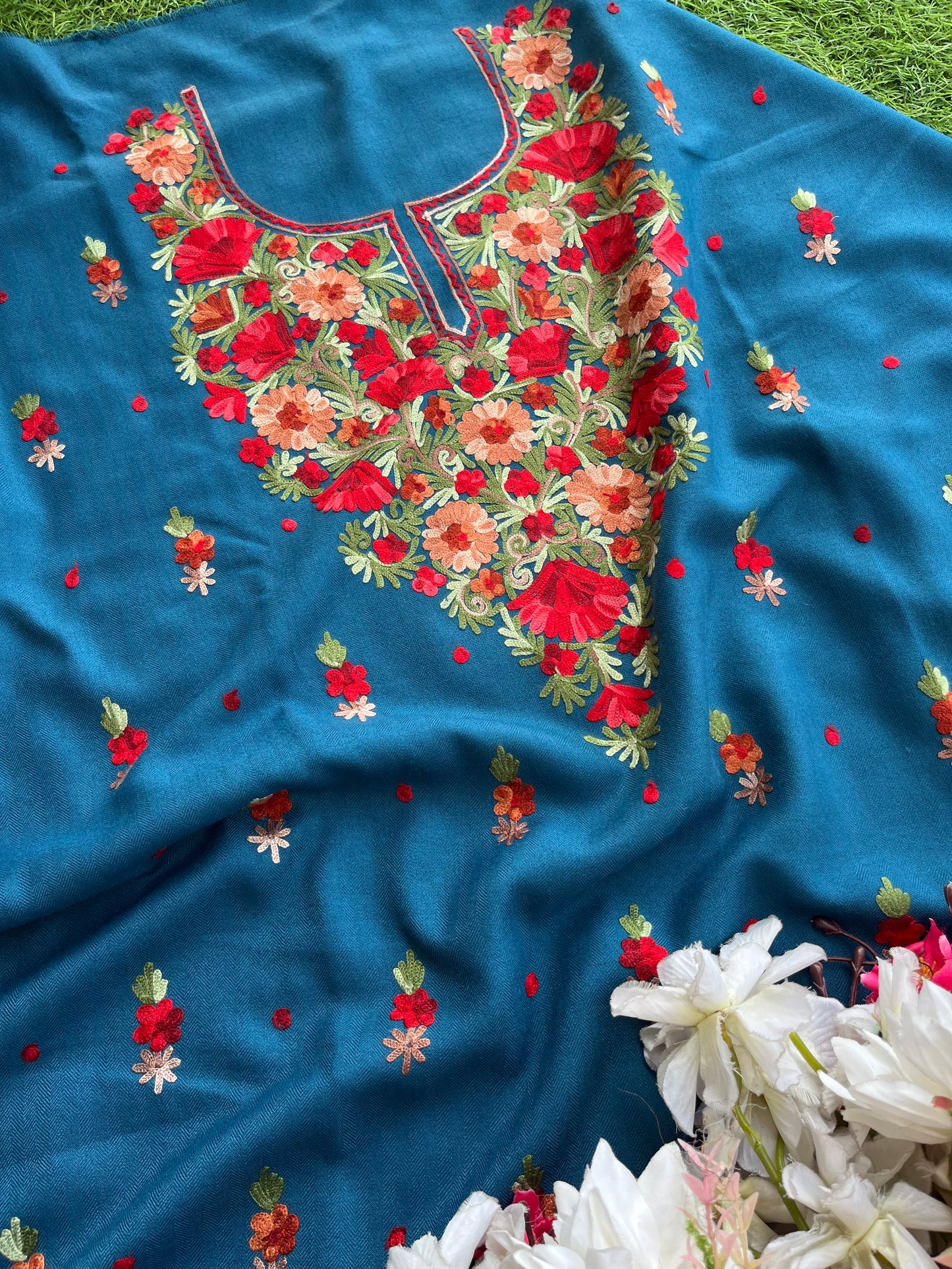 Peacock Blue Woollen Aari Embroidered 3pc suit