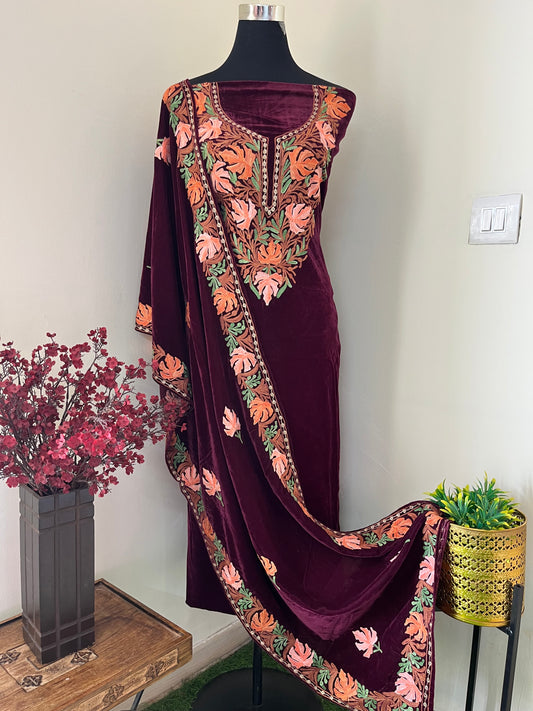 Wine Aari Embroidered Velvet 2pc Suit Material