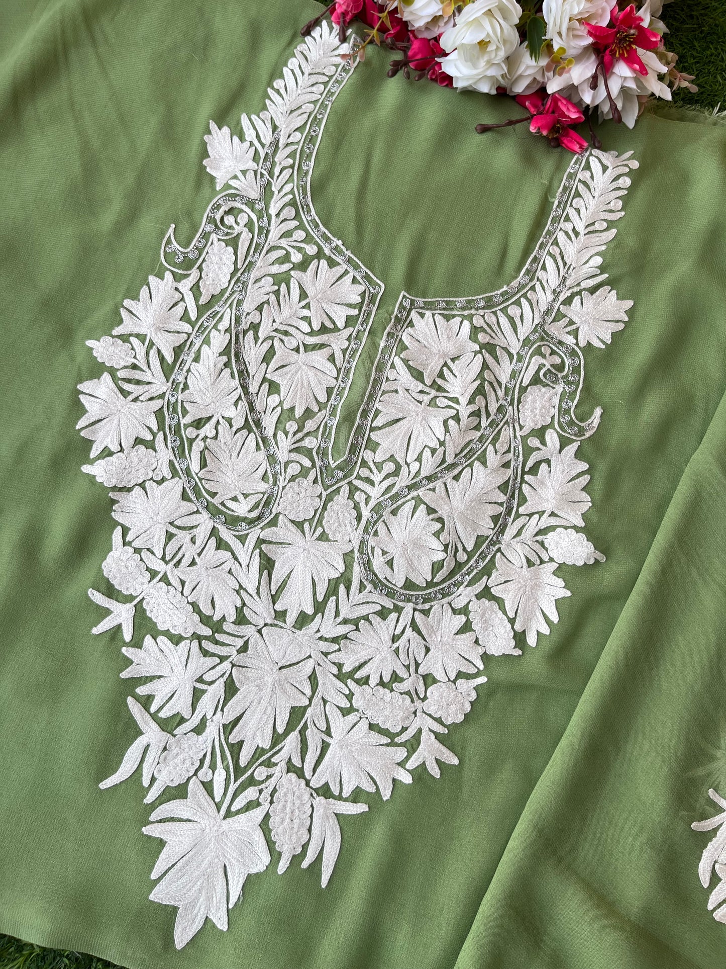 Lawn Green Georgette Kashmiri Kurta Material
