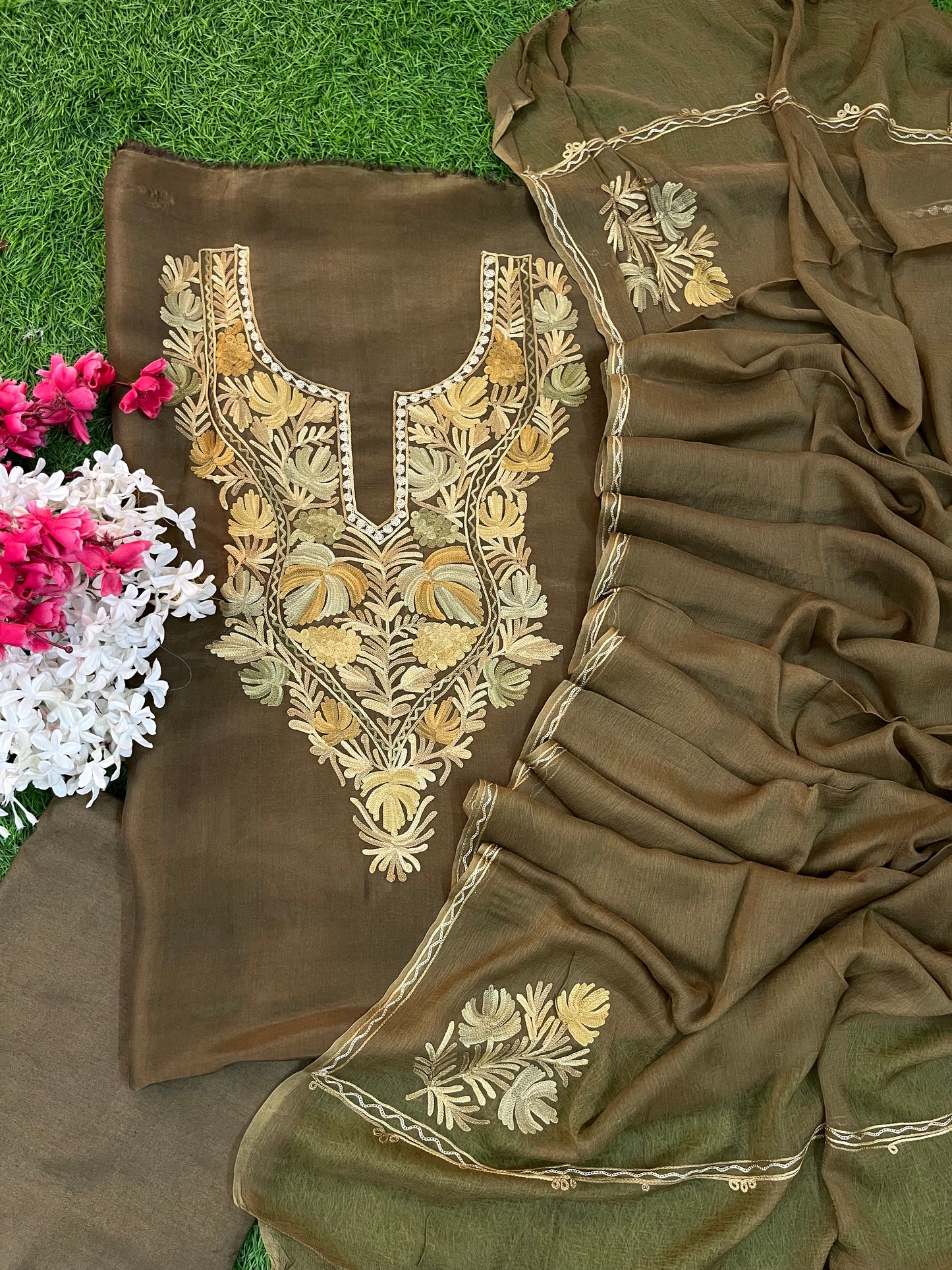 Army Green Opada Silk Kashmiri Suit