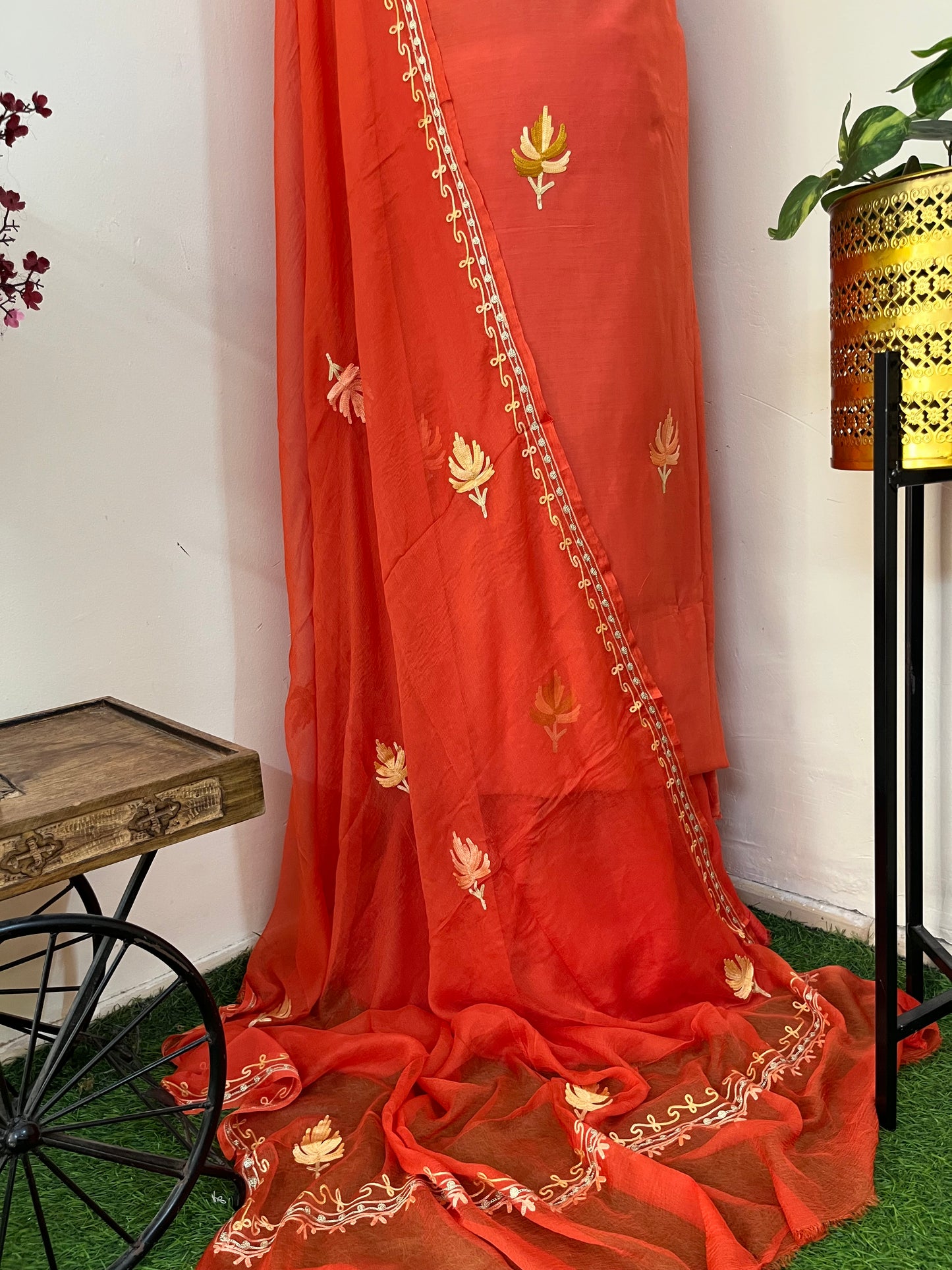 Soft Orange Muslin Cotton Aari Embroidered 3pc set